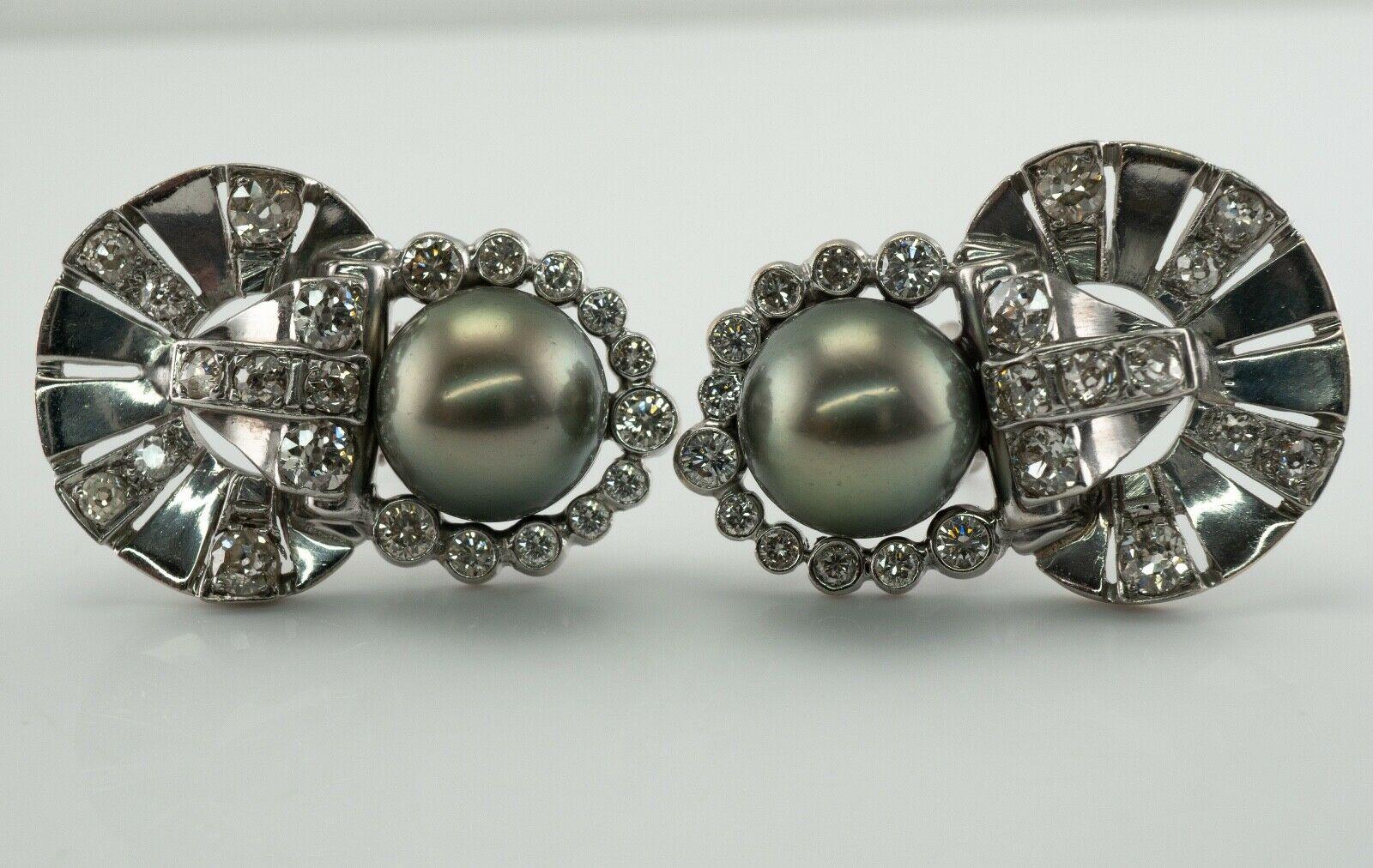 Old Mine Cut Tahitian Pearl Old Mine cut Diamond Earrings 14K White Gold Art Deco For Sale