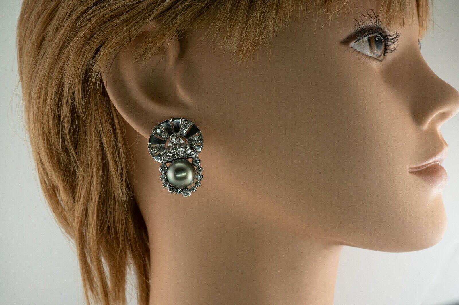 Tahitian Pearl Old Mine cut Diamond Earrings 14K White Gold Art Deco In Good Condition For Sale In East Brunswick, NJ