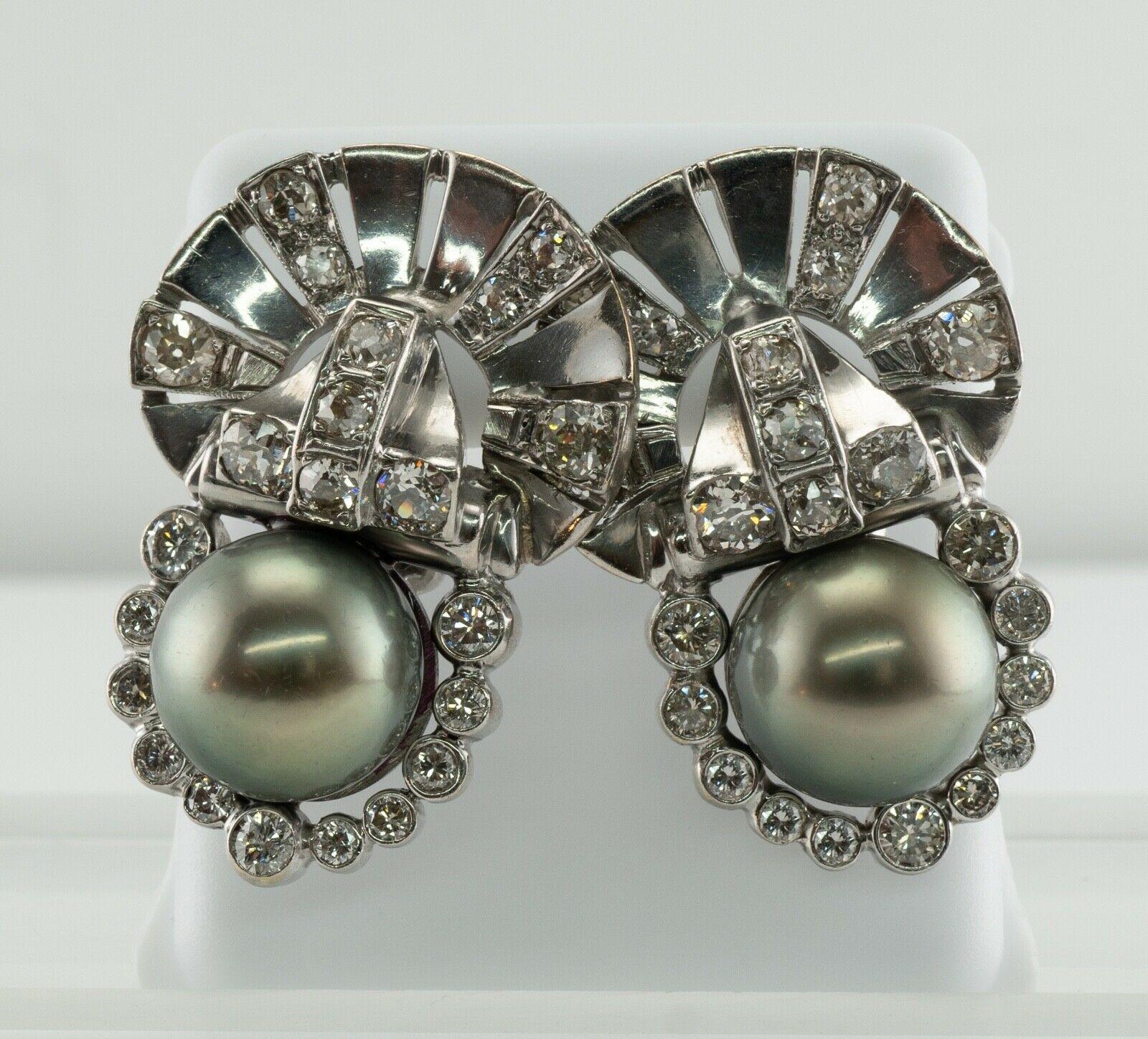 Tahitian Pearl Old Mine cut Diamond Earrings 14K White Gold Art Deco For Sale 1