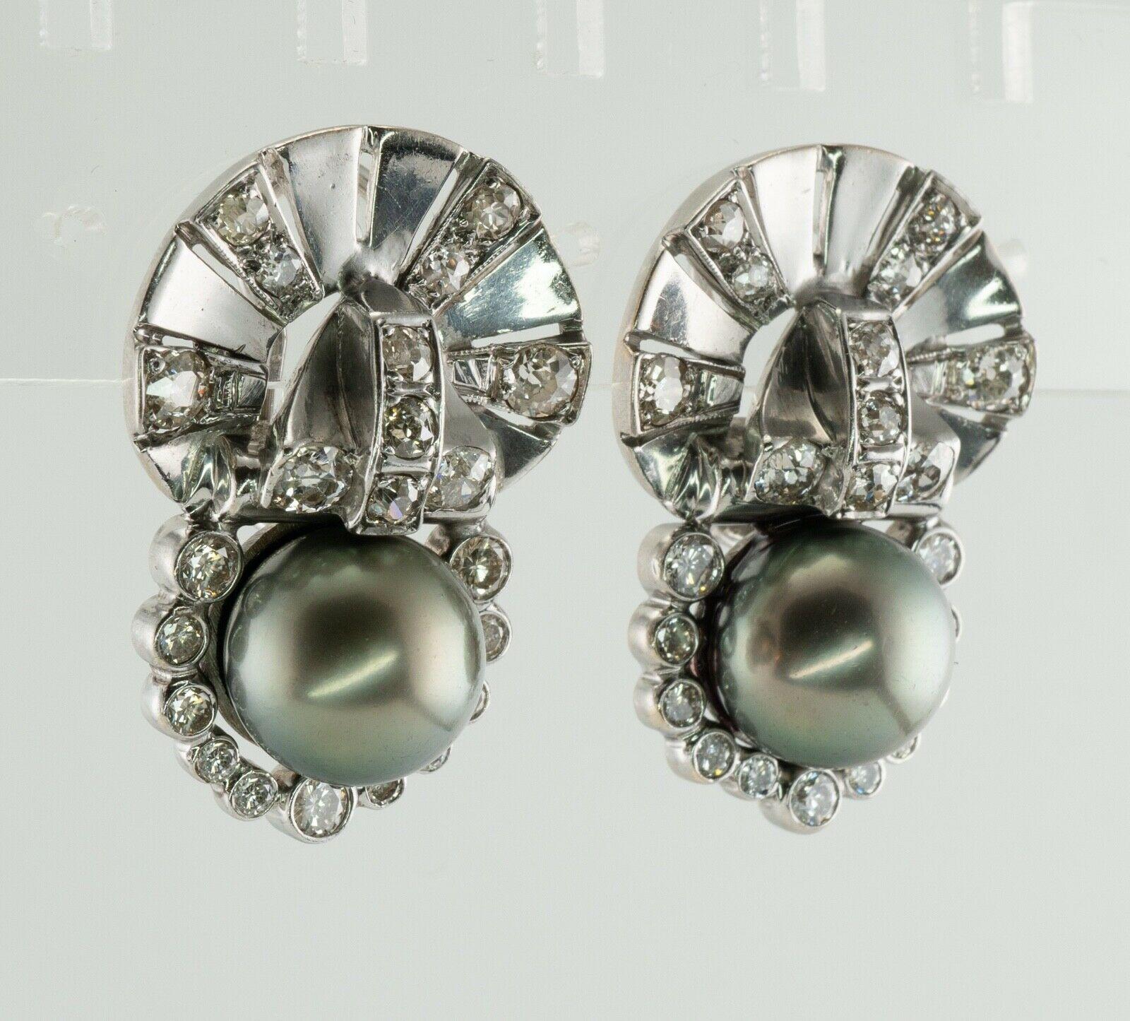 Tahitian Pearl Old Mine cut Diamond Earrings 14K White Gold Art Deco For Sale 1