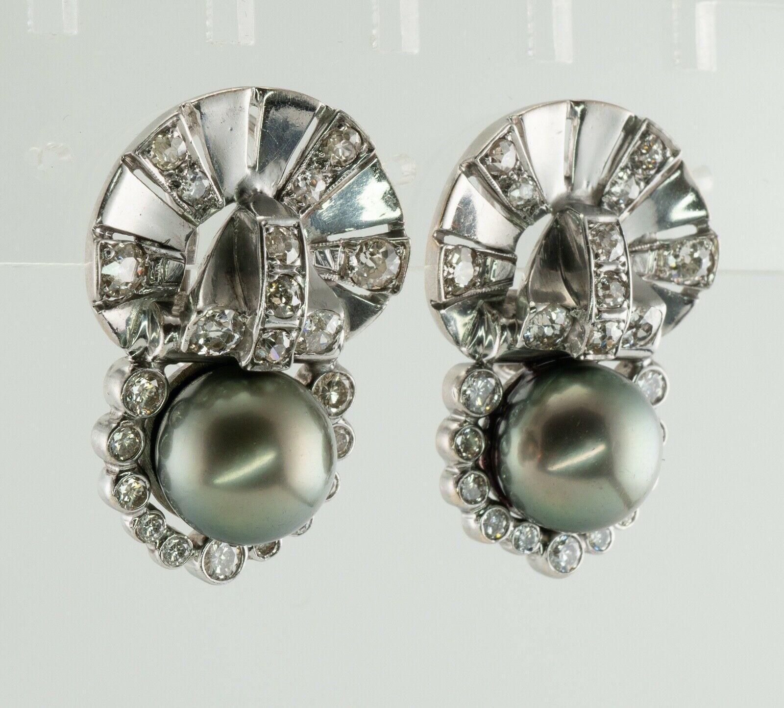 Tahitian Pearl Old Mine cut Diamond Earrings 14K White Gold Art Deco For Sale 2