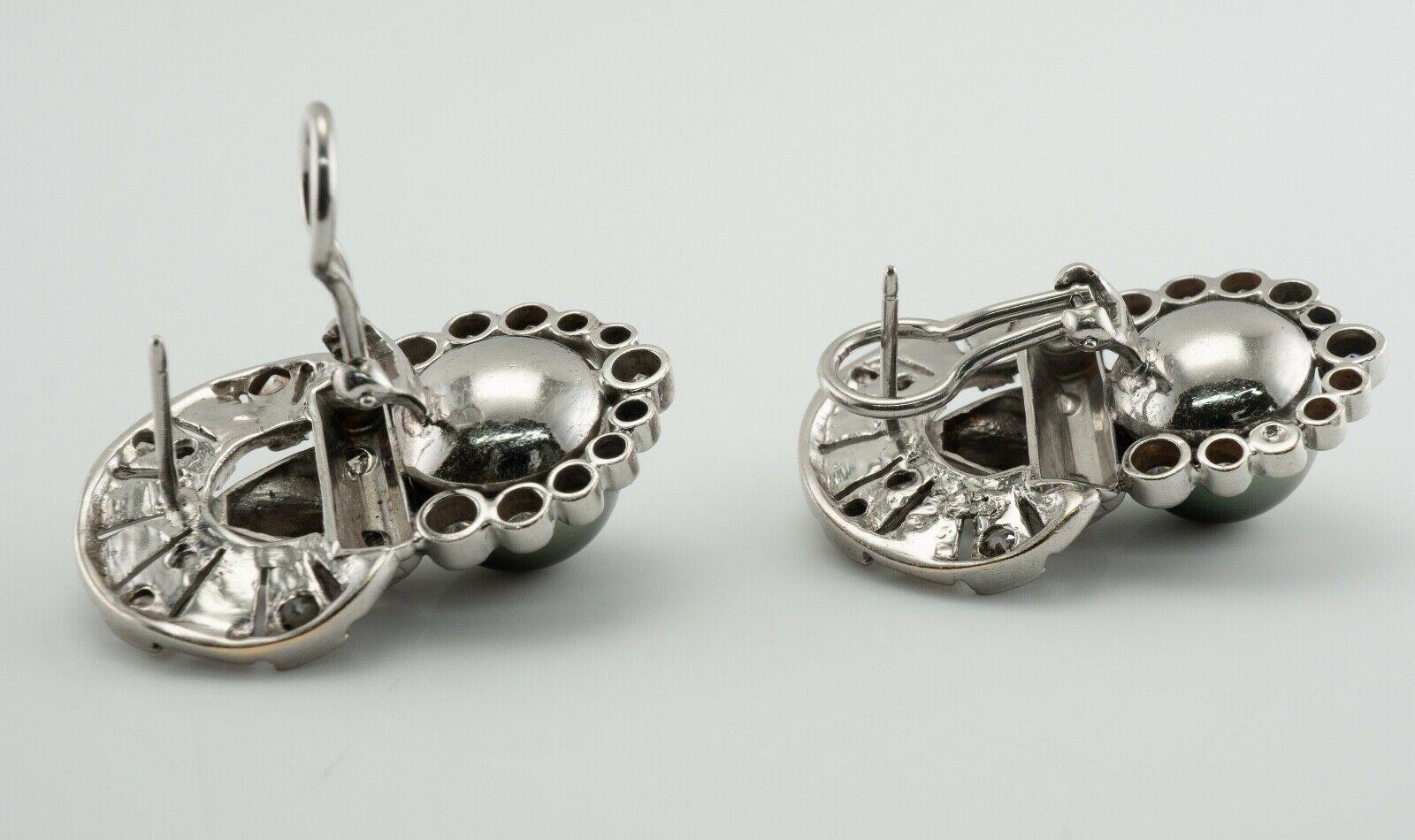 Tahitian Pearl Old Mine cut Diamond Earrings 14K White Gold Art Deco For Sale 3