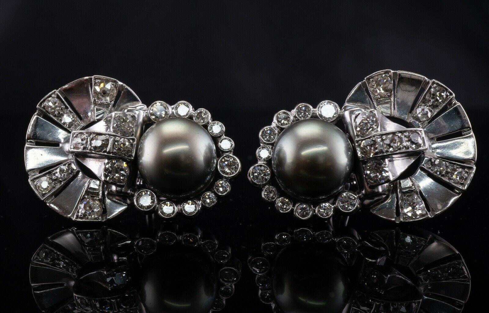 Tahitian Pearl Old Mine cut Diamond Earrings 14K White Gold Art Deco For Sale 3