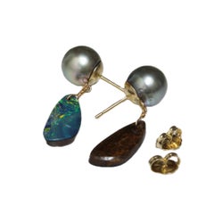 Tahitian Pearl Opal Dangle Earrings 9 MM Turquoise AAA