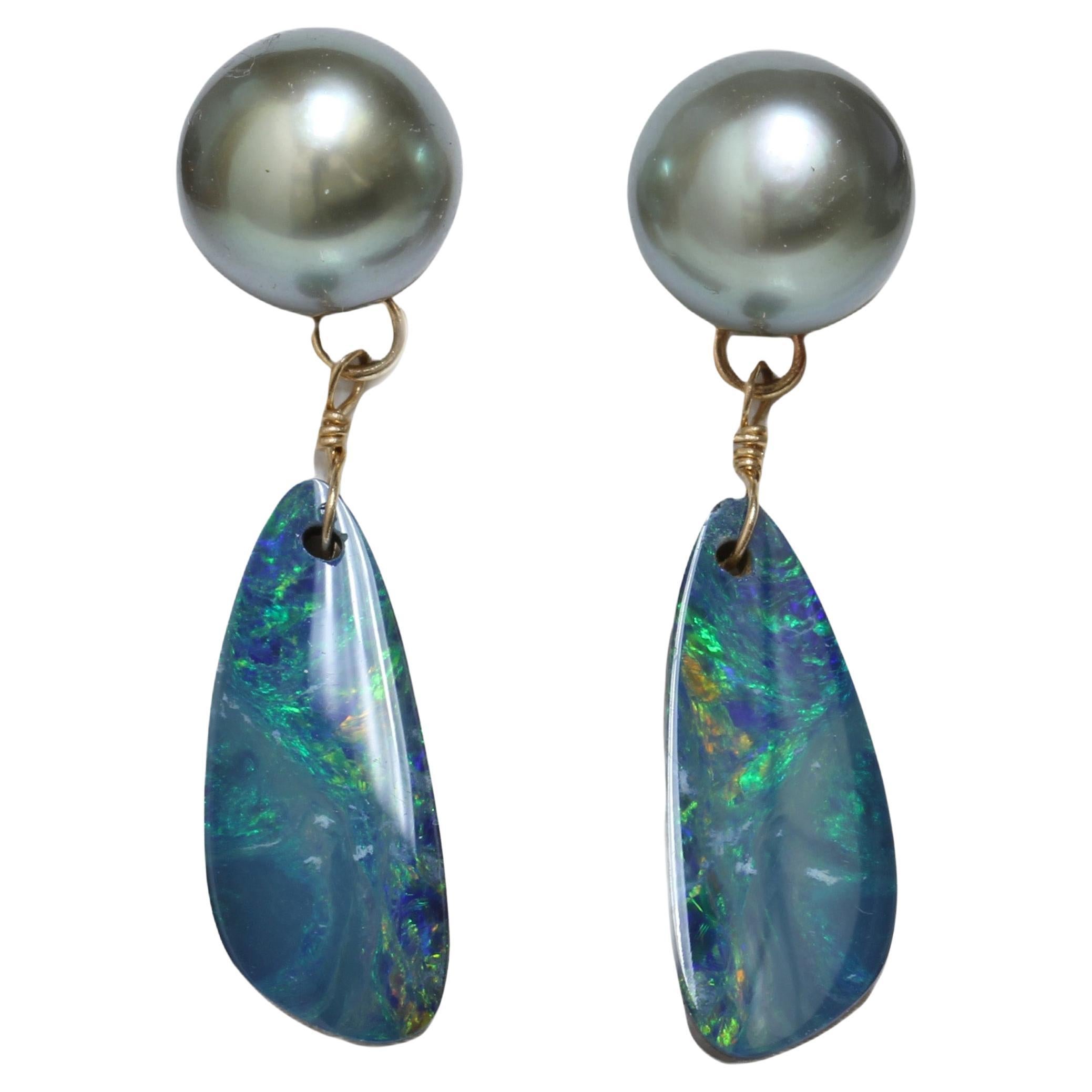 Tahitian Pearl Opal Dangle Earrings 9 MM Turquoise AAA For Sale