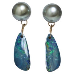 Tahitian Pearl Opal Dangle Earrings 9 MM Turquoise AAA