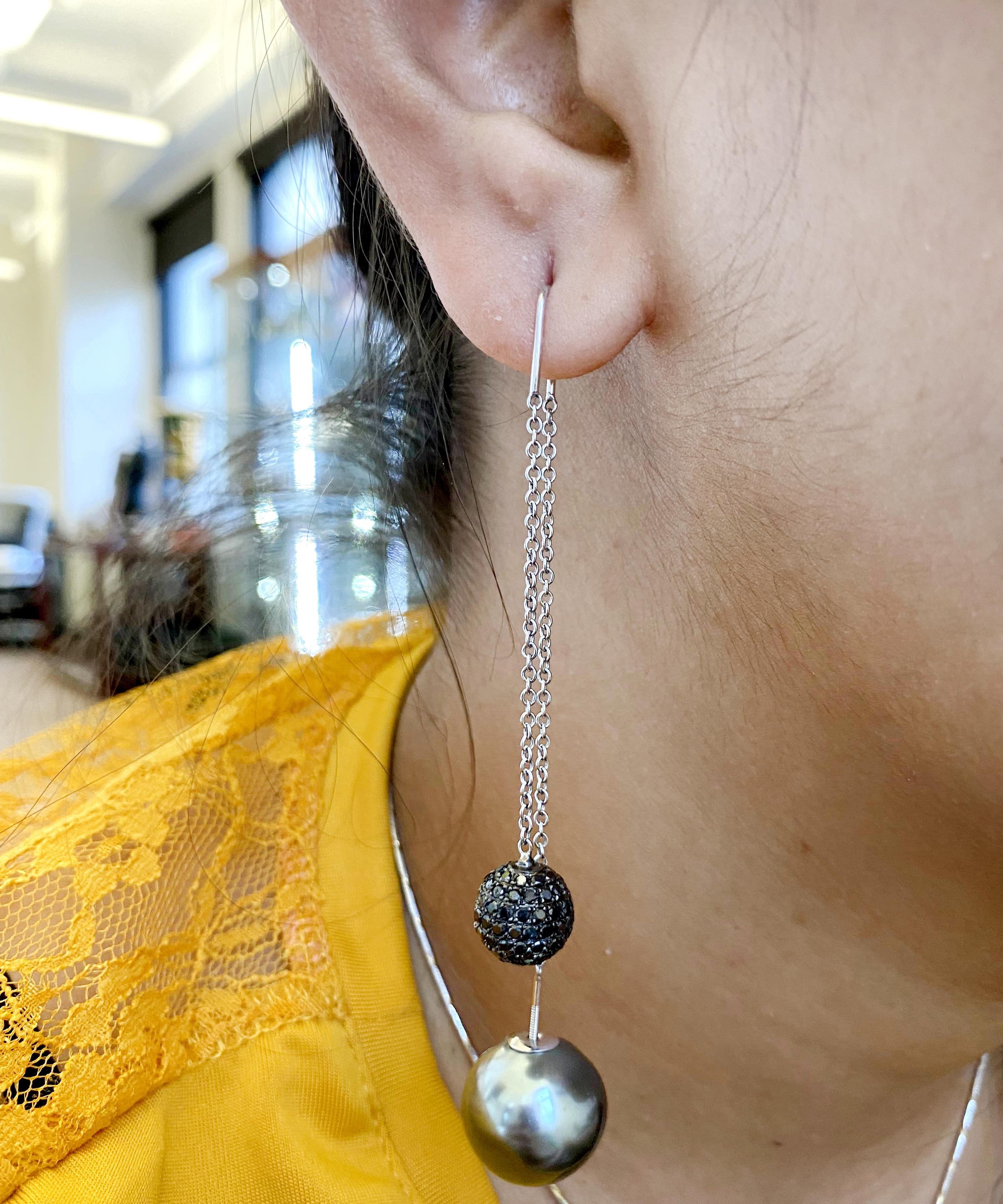 Artisan Tahitian Pearl & Pave Diamond Dangle Earring Made in 18k Gold For Sale