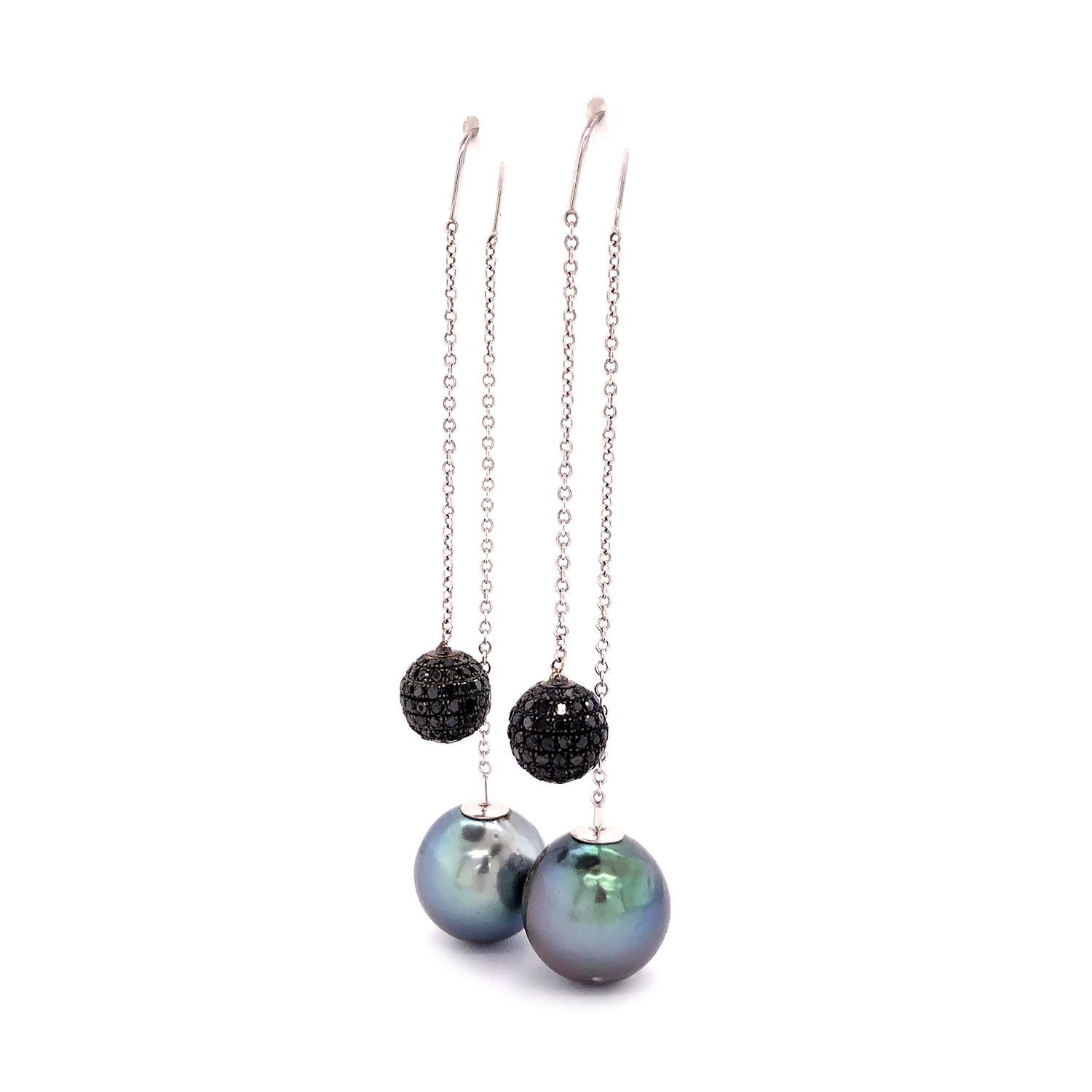 Mixed Cut Tahitian Pearl & Pave Diamond Dangle Earring Made in 18k Gold For Sale