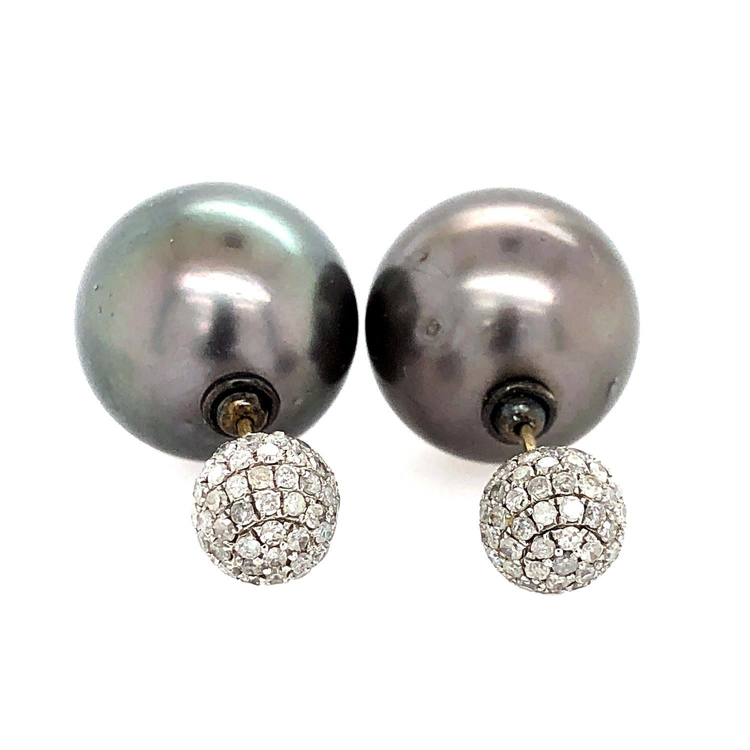 Art Nouveau Tahitian Pearl & Pave Diamond Tunnel Earring Made in 18k Gold & Silver For Sale