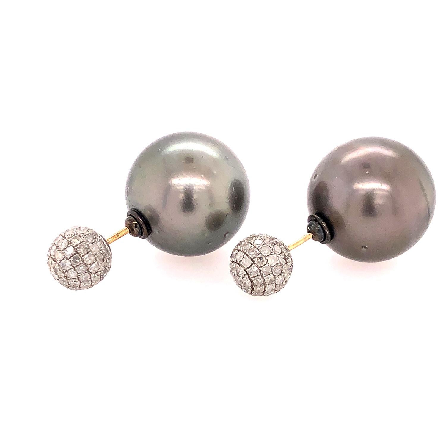 Mixed Cut Tahitian Pearl & Pave Diamond Tunnel Earring Made in 18k Gold & Silver For Sale