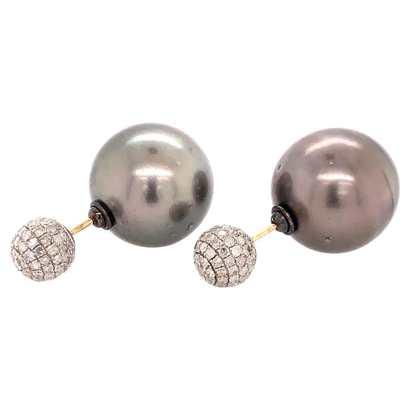 Tahitian Pearl & Pave Diamond Tunnel Earring Made in 18k Gold & Silver For Sale