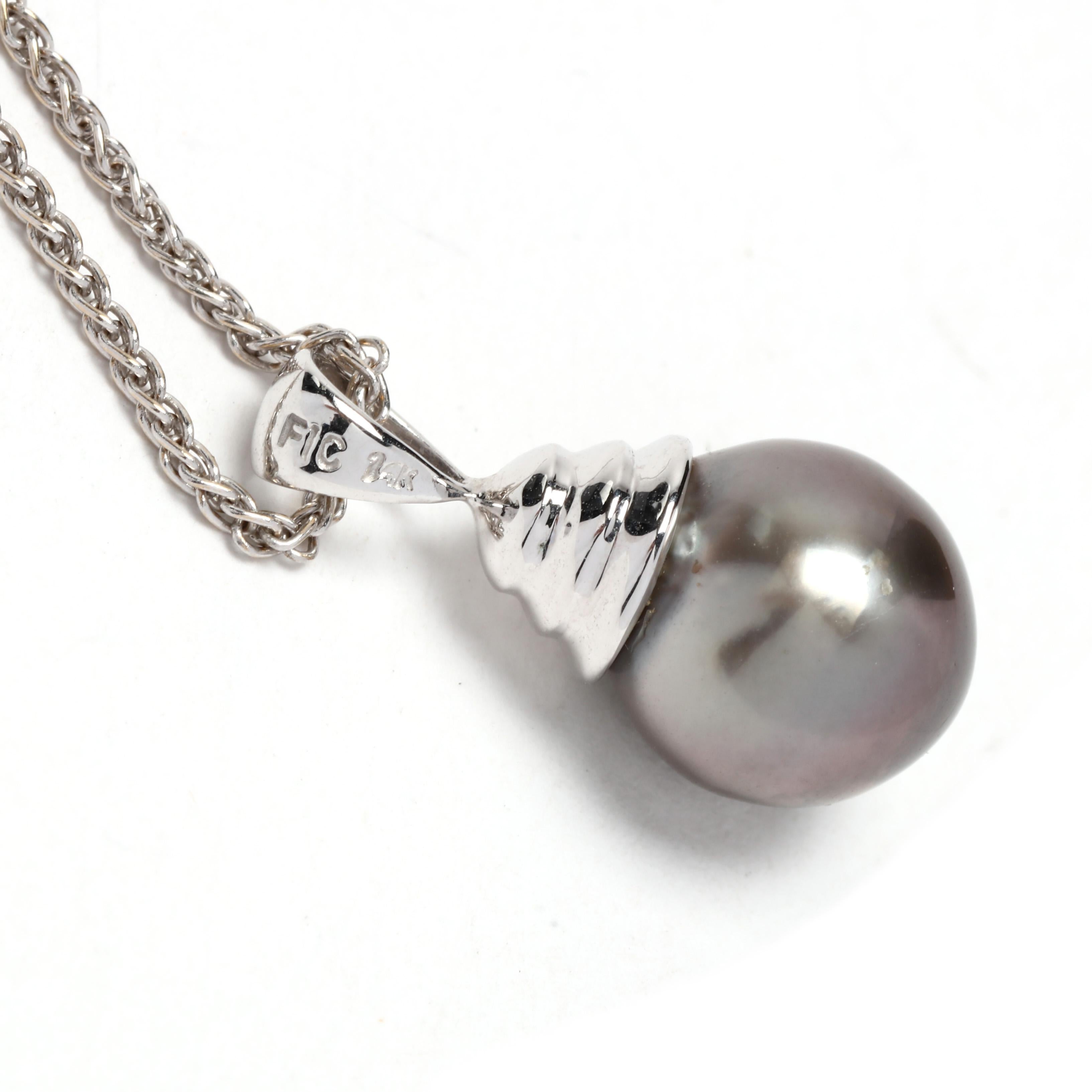 An 18 and 14 karat white gold Tahitian pearl pendant necklace. This simple pearl necklace features a single 9.85 mm Tahitian pearl drop with a ridged, tapered bail suspended from an 18 karat white gold wheat chain with a lobster clasp.

Stones:
-
