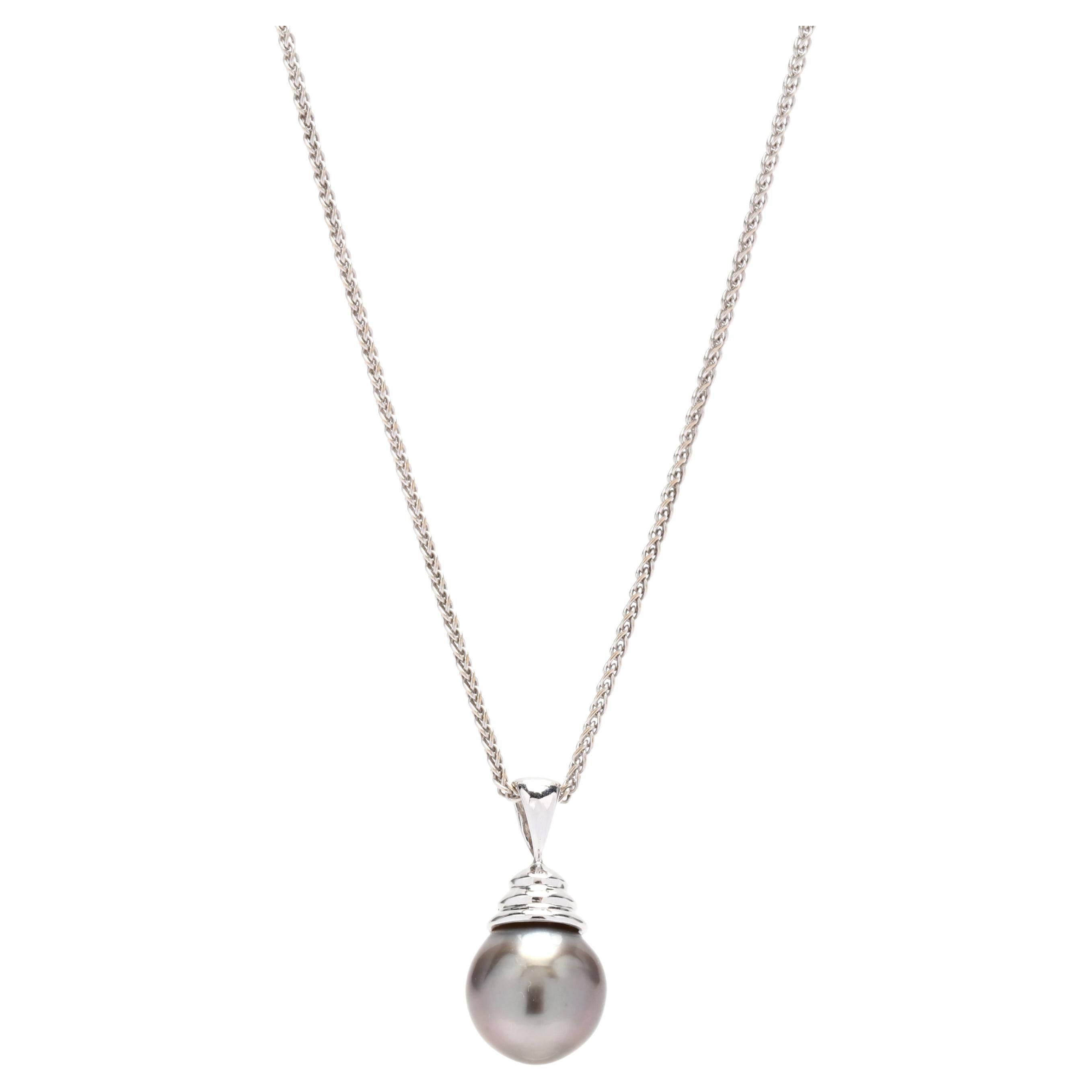 Tahitian Pearl Pendant Necklace, 18K White Gold, Length 18 Inch, Simple Pearl