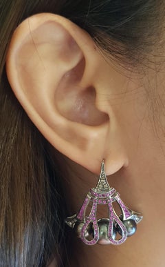 Tahiti-Perle, Pink Saphir und Brown Diamond Ohrringe aus 18 Karat Weißgold