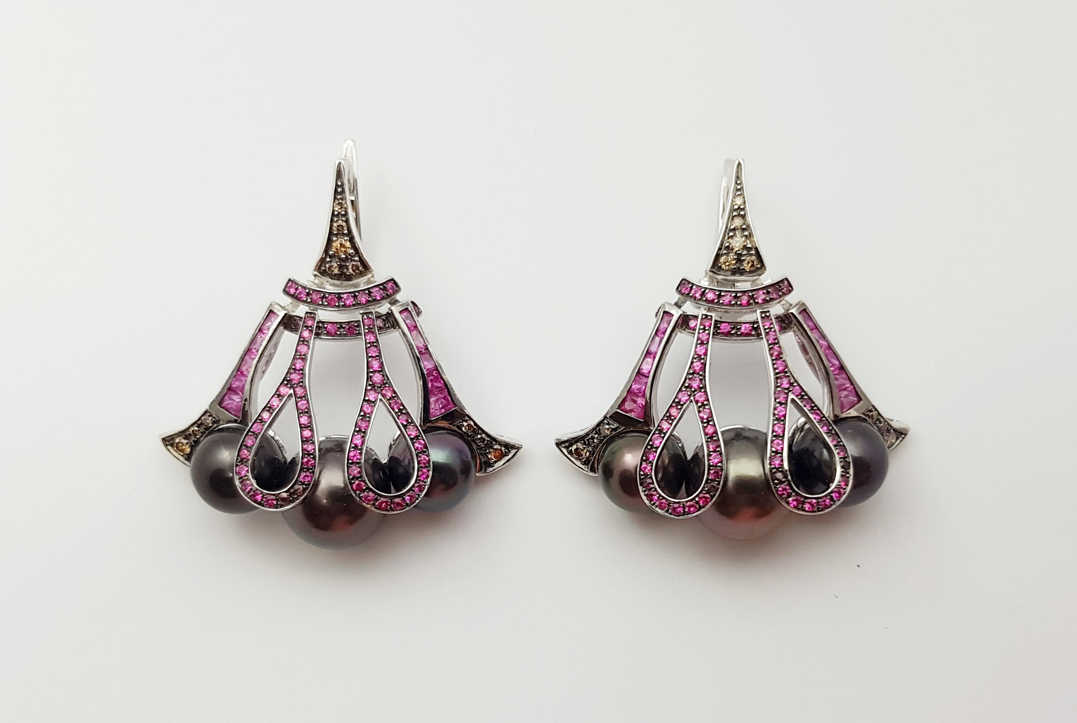 Contemporary Tahitian Pearl, Pink Sapphire and Brown Diamond Earrings in 18 Karat White Gold For Sale