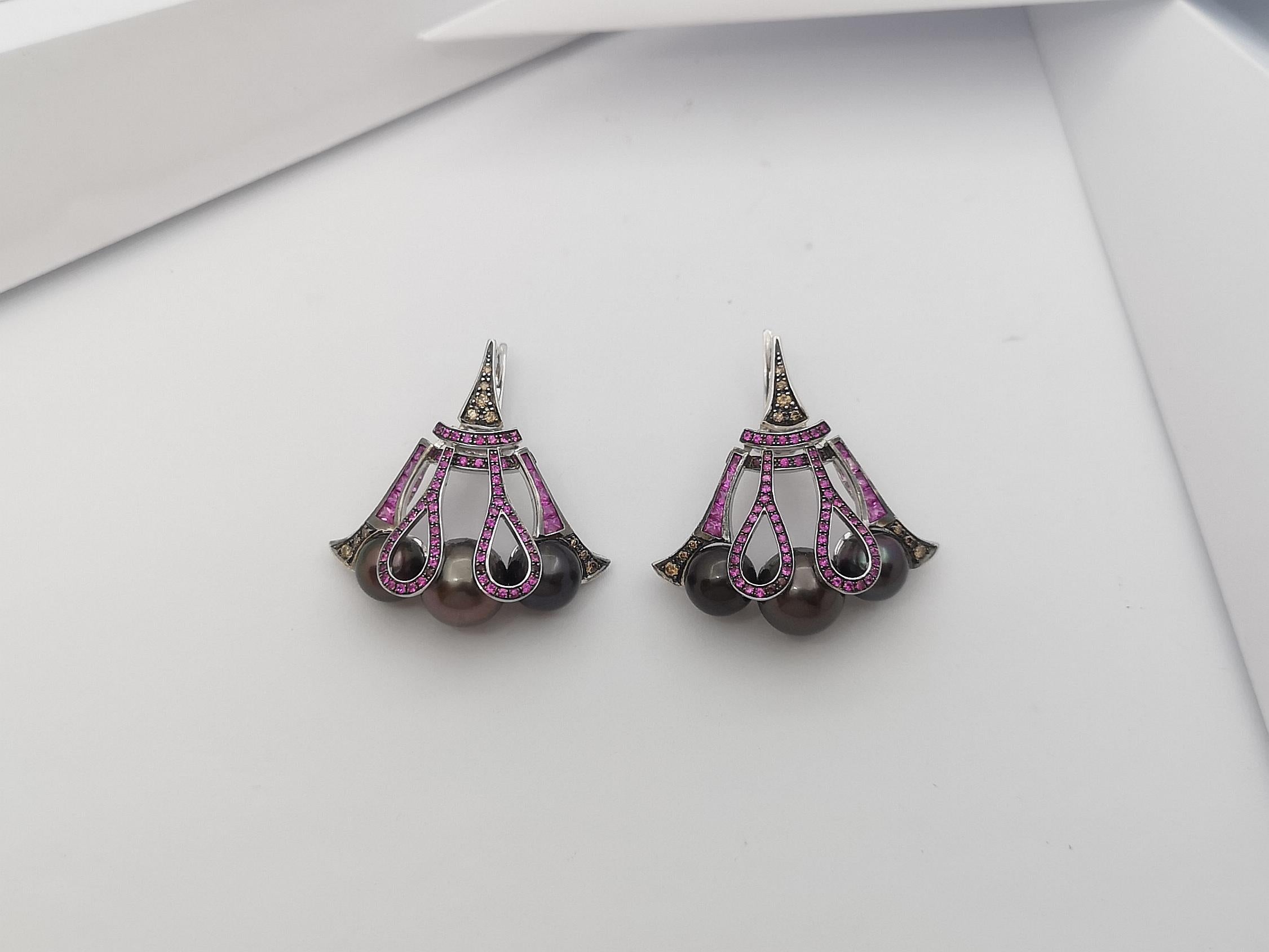 Mixed Cut Tahitian Pearl, Pink Sapphire and Brown Diamond Earrings in 18 Karat White Gold For Sale