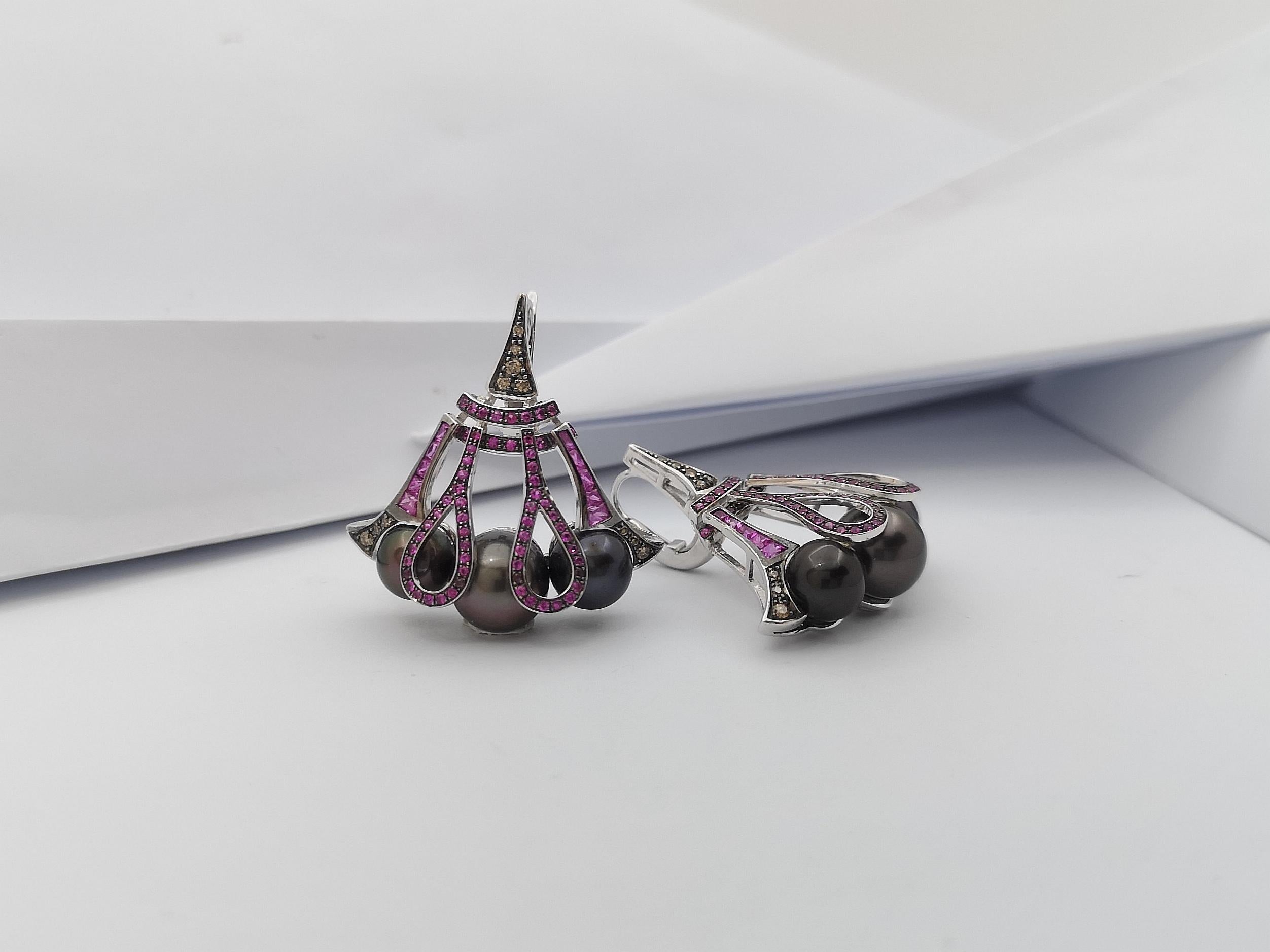 Tahitian Pearl, Pink Sapphire and Brown Diamond Earrings in 18 Karat White Gold For Sale 2