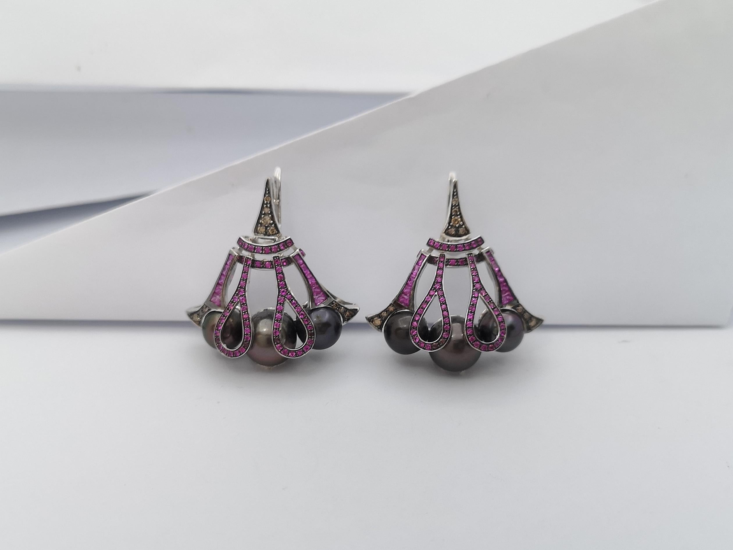 Tahitian Pearl, Pink Sapphire and Brown Diamond Earrings in 18 Karat White Gold For Sale 3