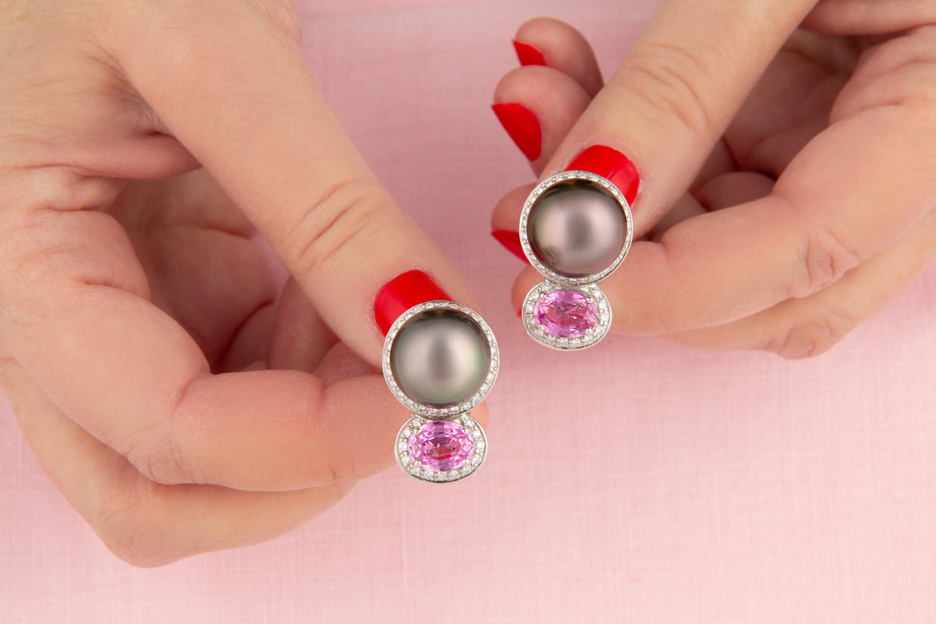 Pendientes de Diamantes Zafiro Rosa Perla de Tahití Diseño de Ella Gafter Artista en venta