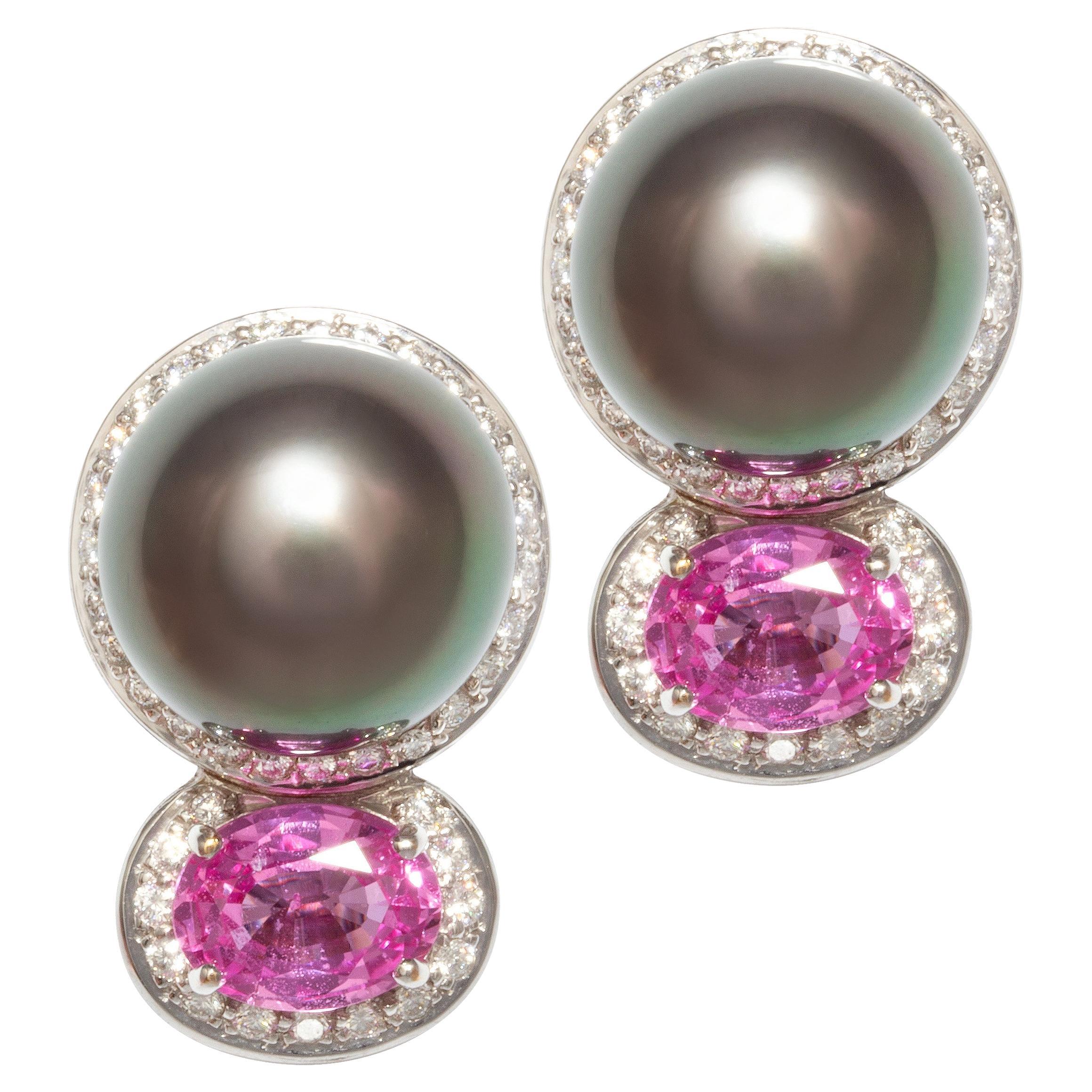 Pendientes de Diamantes Zafiro Rosa Perla de Tahití Diseño de Ella Gafter en venta