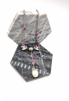 Tahitian Pearl, Pink Sapphire, Diamond Pavé Chain with South Sea Pearl Drop