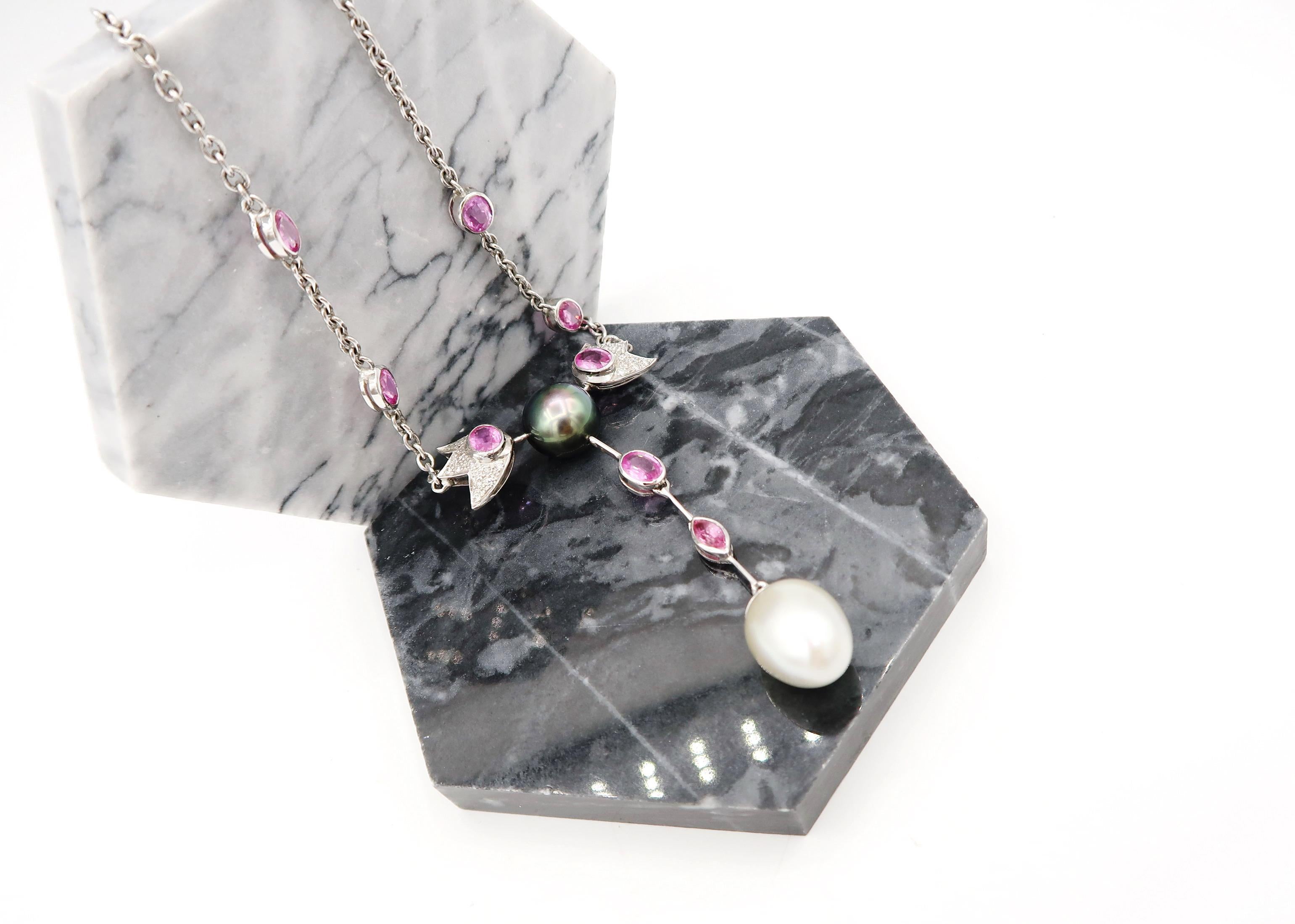 Contemporary Tahitian Pearl, Pink Sapphire, Diamond Pavé Chain with South Sea Pearl Drop For Sale