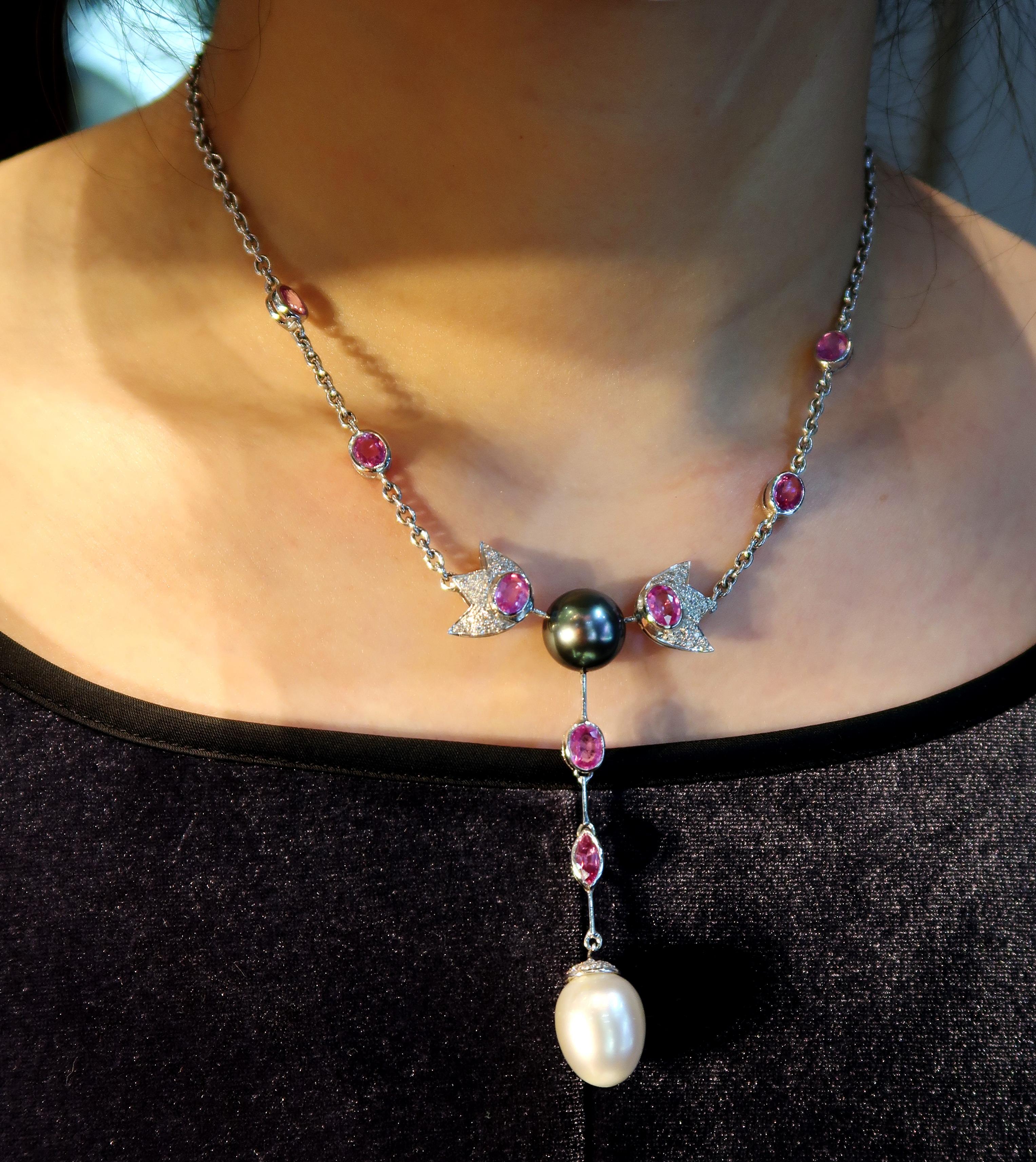 Mixed Cut Tahitian Pearl, Pink Sapphire, Diamond Pavé Chain with South Sea Pearl Drop For Sale