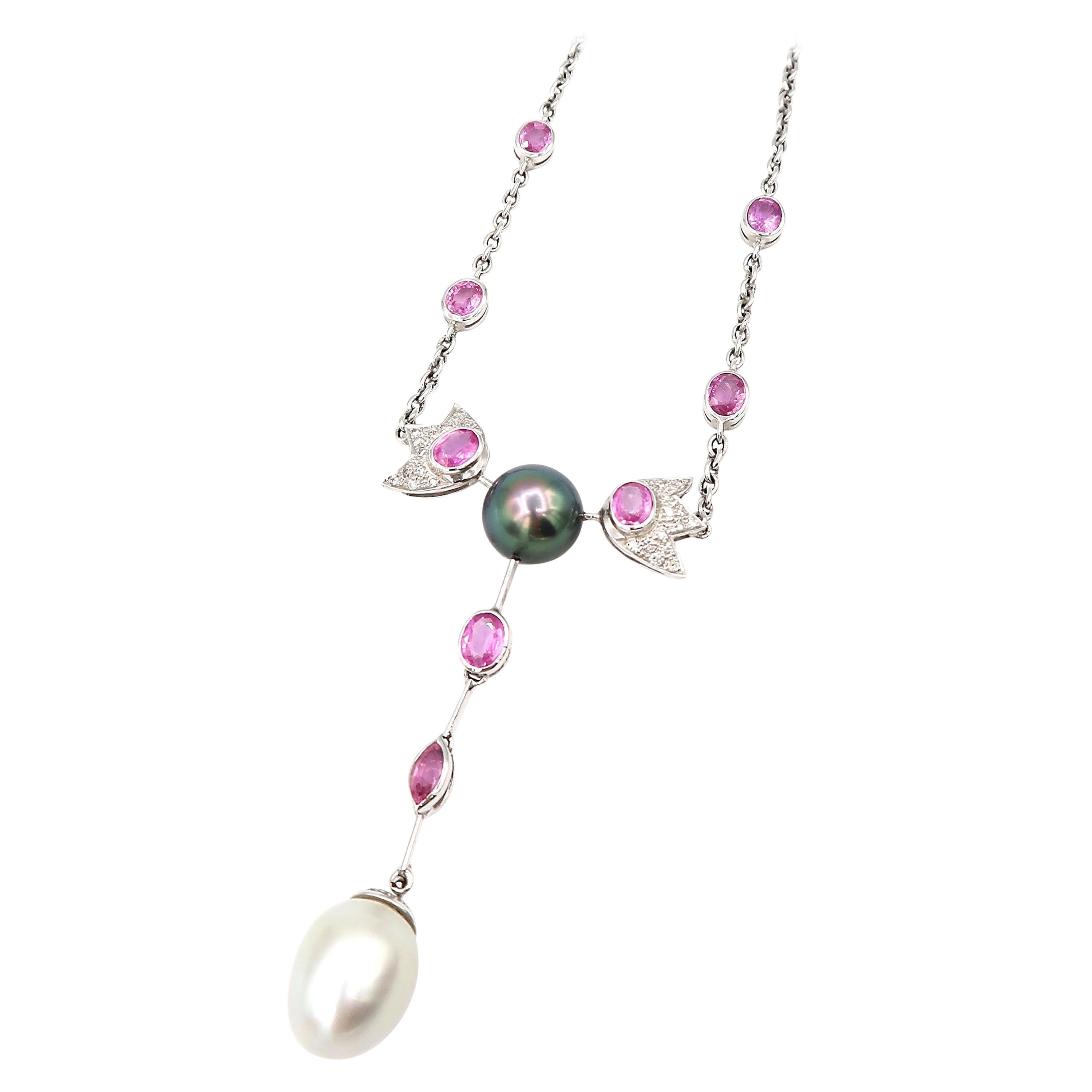 Tahitian Pearl, Pink Sapphire, Diamond Pavé Chain with South Sea Pearl Drop For Sale