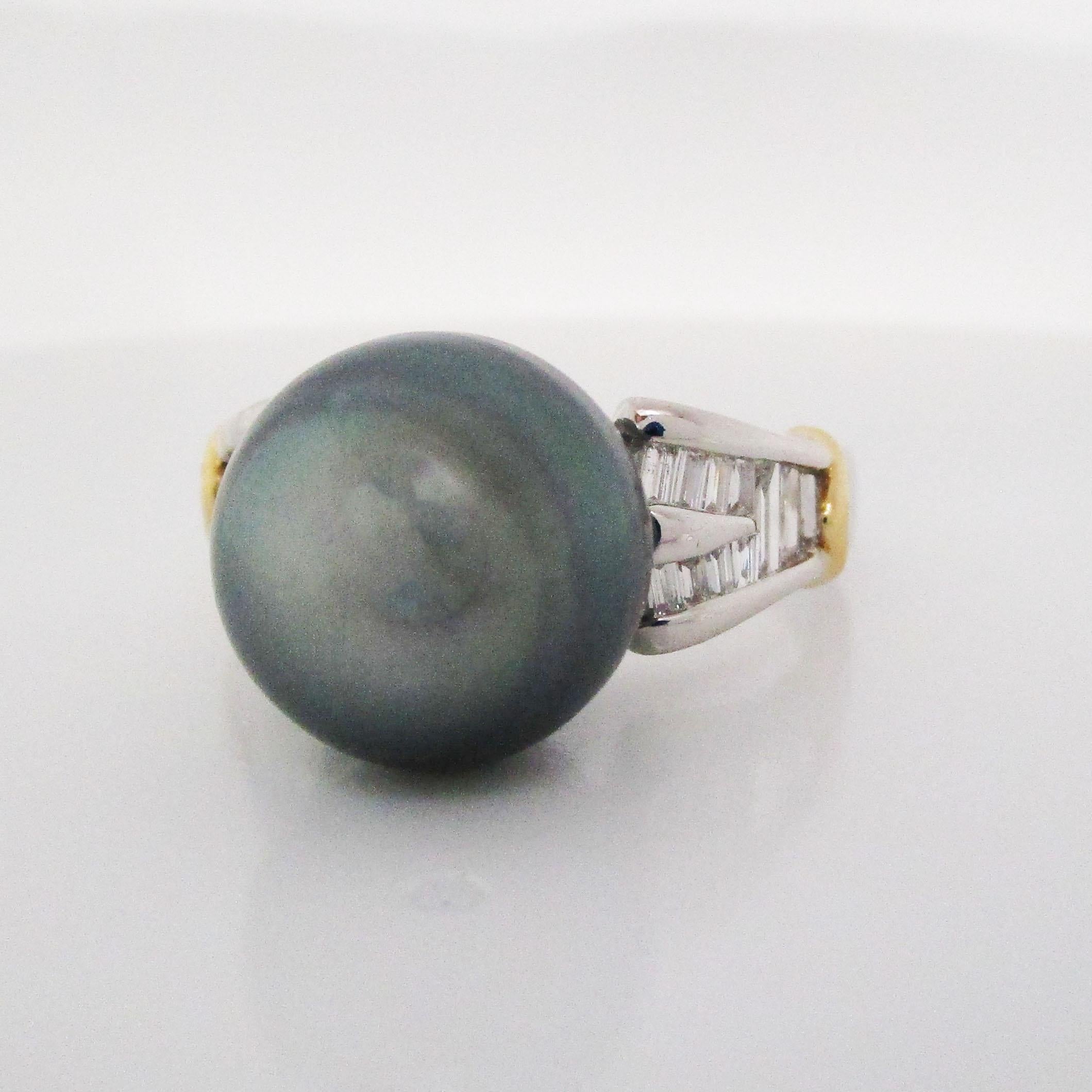 Tahitian Pearl Platinum and Gold Baguette Diamond Ring In Excellent Condition In Lexington, KY