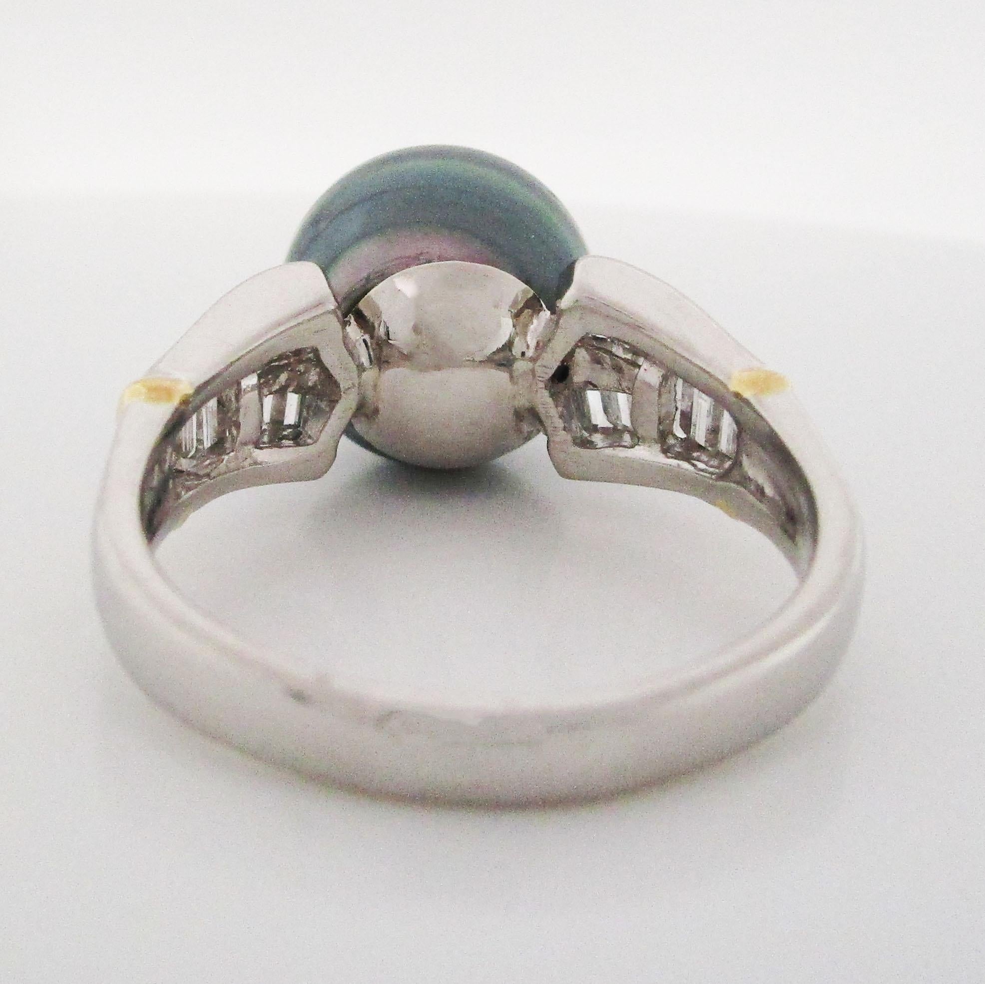 Tahitian Pearl Platinum and Gold Baguette Diamond Ring 2