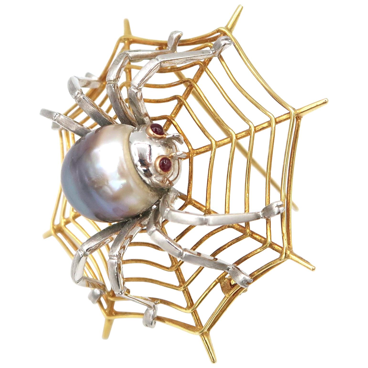 Tahitian Pearl Red Ruby Eyes Spider on Web 18 Karat Gold Brooch