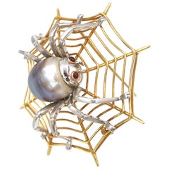 Tahitian Pearl Red Ruby Eyes Spider on Web 18 Karat Gold Brooch