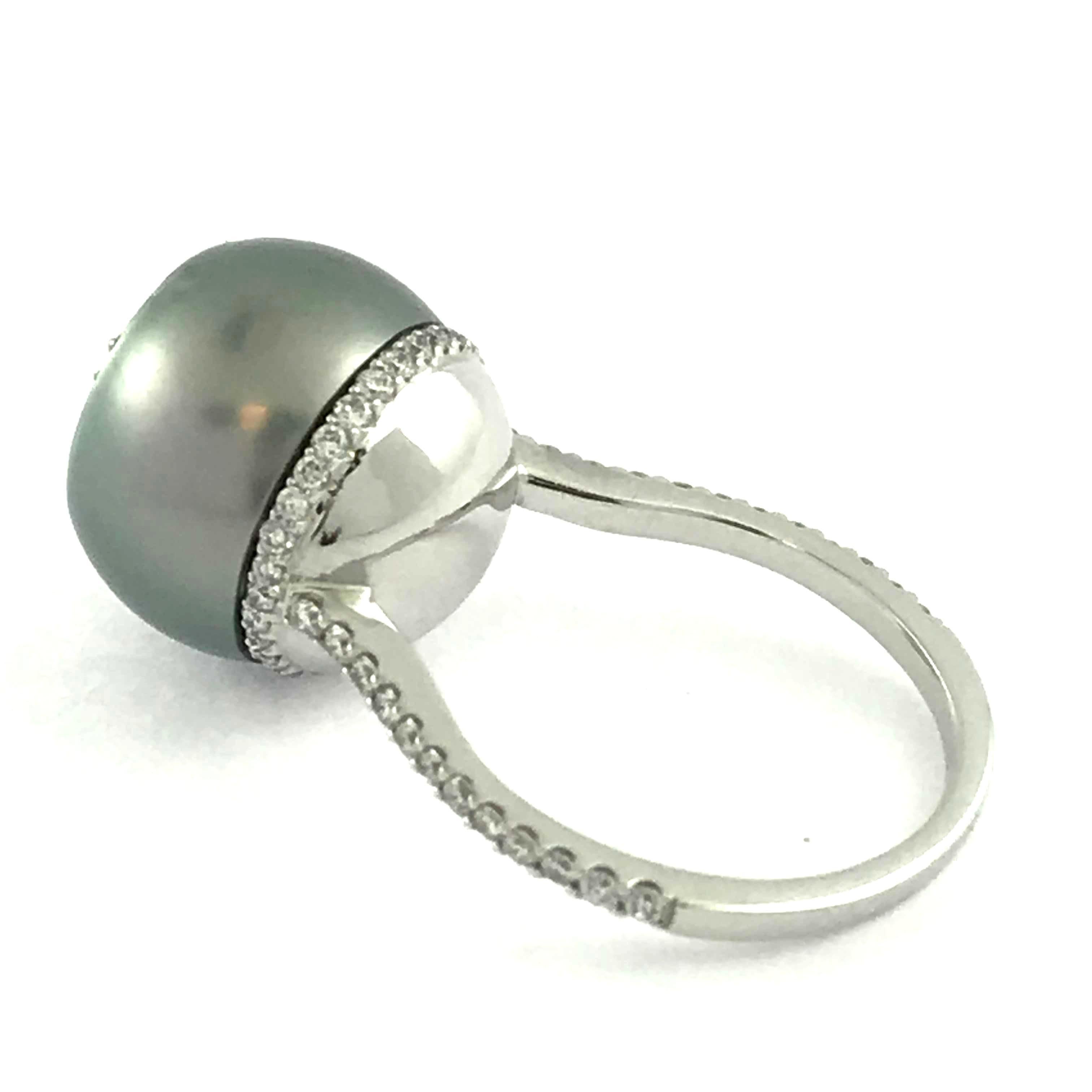 Modern Tahitian Pearl Ring with a Diamond and Amethyst Inlay  For Sale