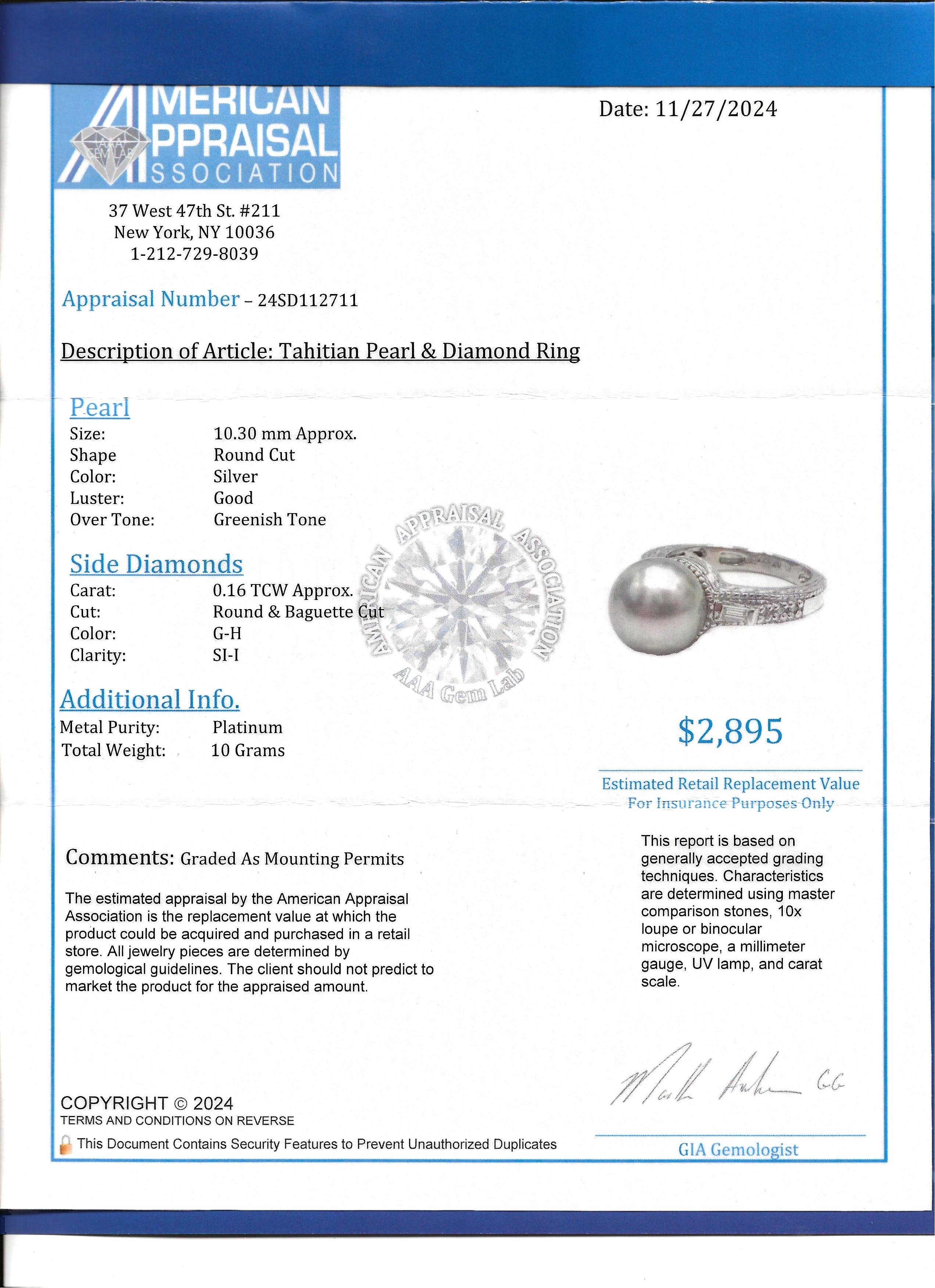 Anello con perla di Tahiti, diamanti baguette e rotondi e grana in platino in vendita 5