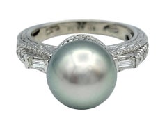 Tahitian Pearl Ring with Baguette and Round Diamonds and Milgrain in Platinum