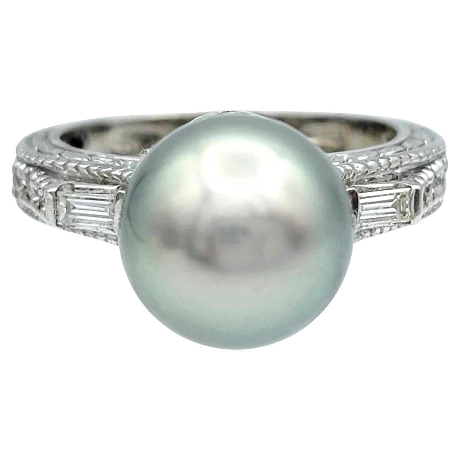 Tahitian Pearl Ring with Baguette and Round Diamonds and Milgrain in Platinum