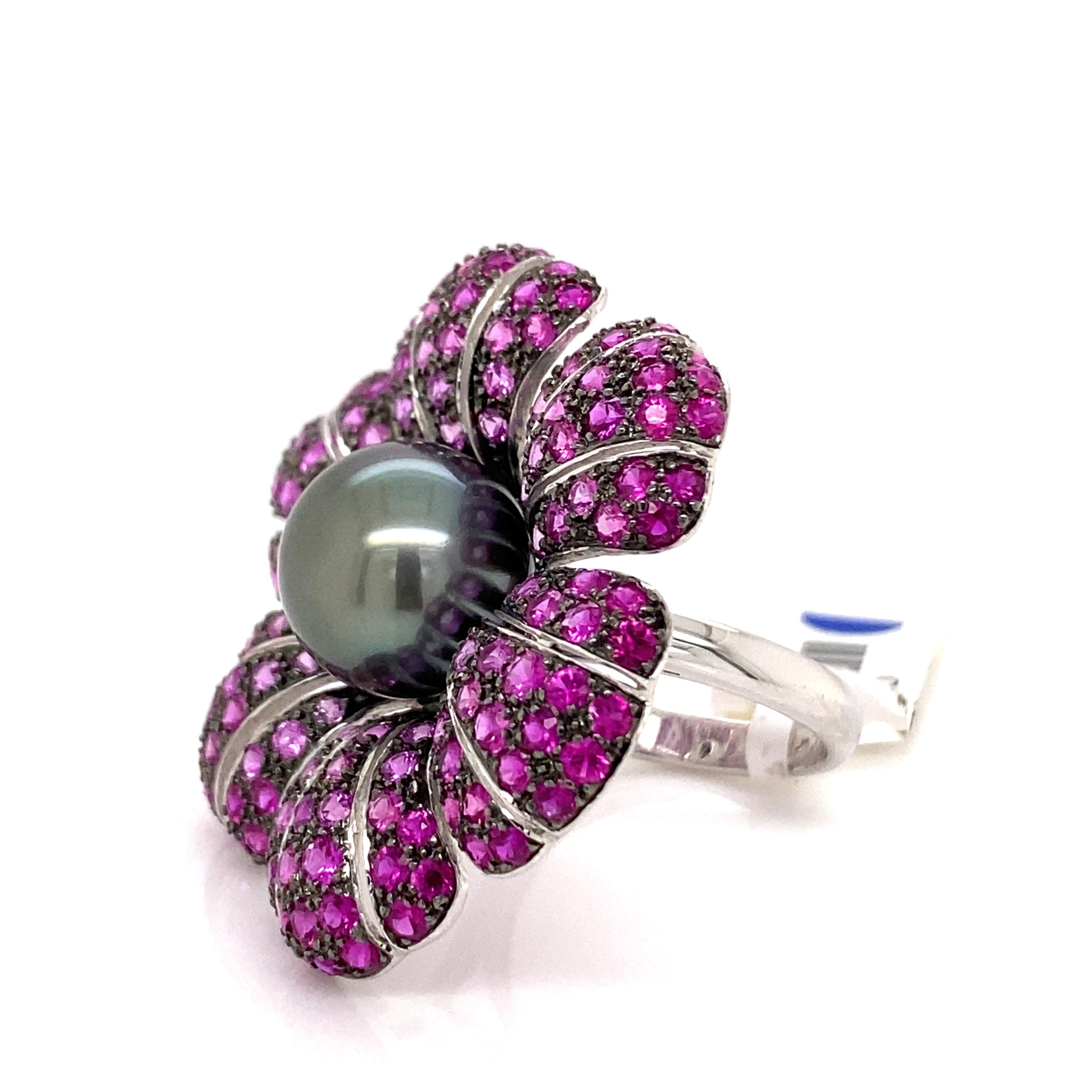 Modern Tahitian Pearl, Ruby, and Pink Sapphire Floral Ring 18 Karat White Gold For Sale