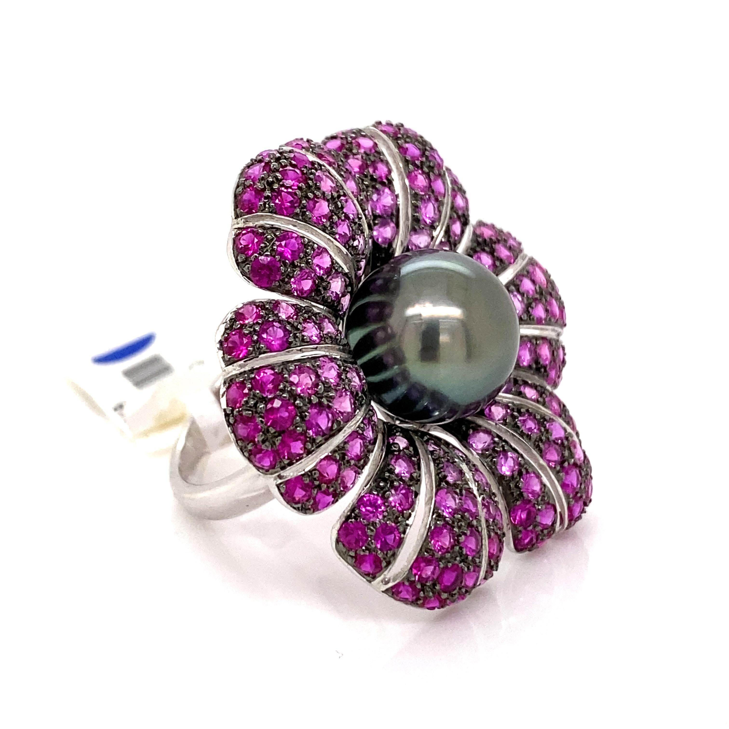 Round Cut Tahitian Pearl, Ruby, and Pink Sapphire Floral Ring 18 Karat White Gold For Sale