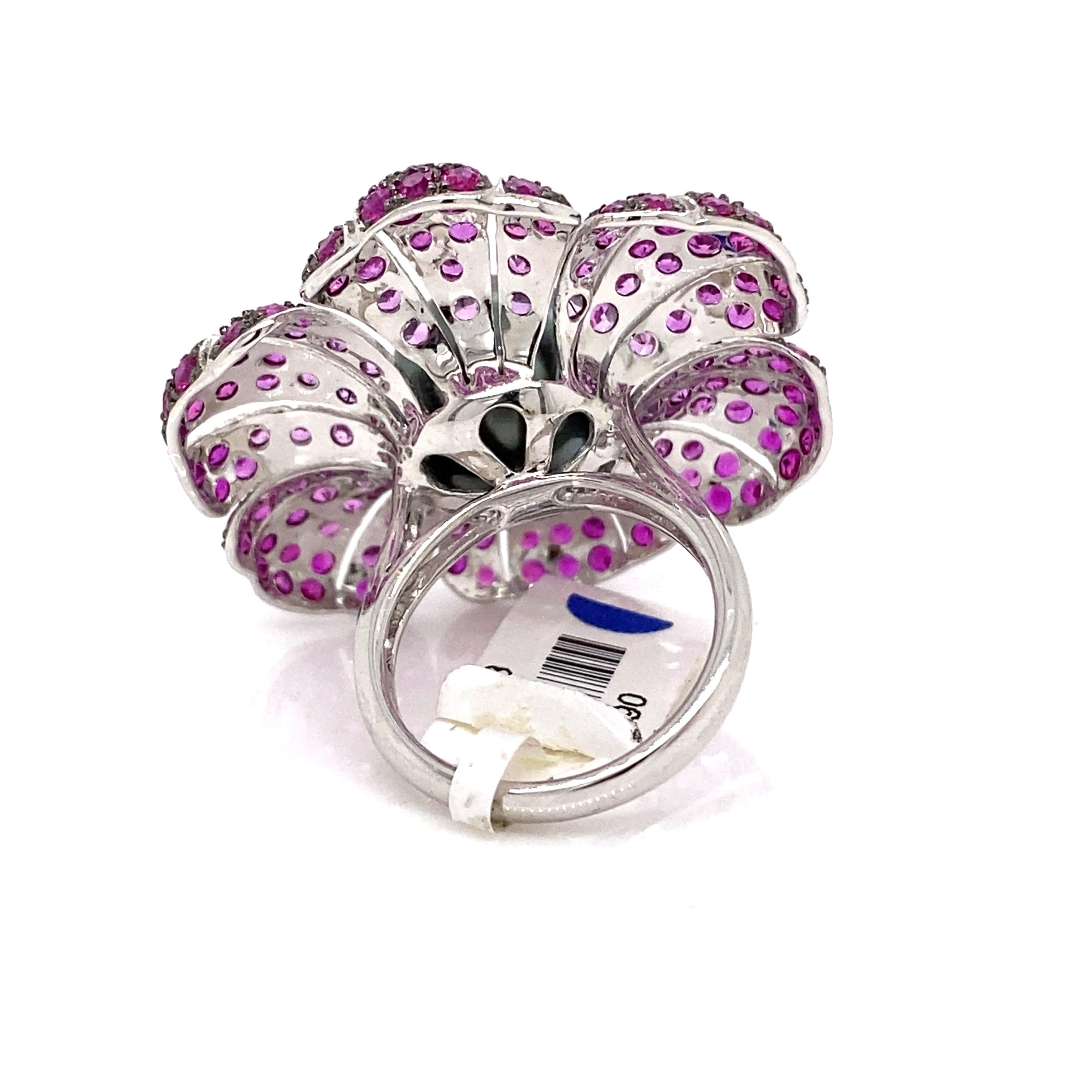 Women's Tahitian Pearl, Ruby, and Pink Sapphire Floral Ring 18 Karat White Gold For Sale