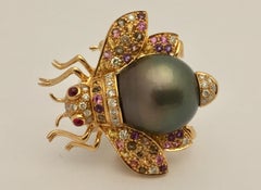 Tahitian Pearl Ruby Diamond and Fancy Sapphire Bee Brooch