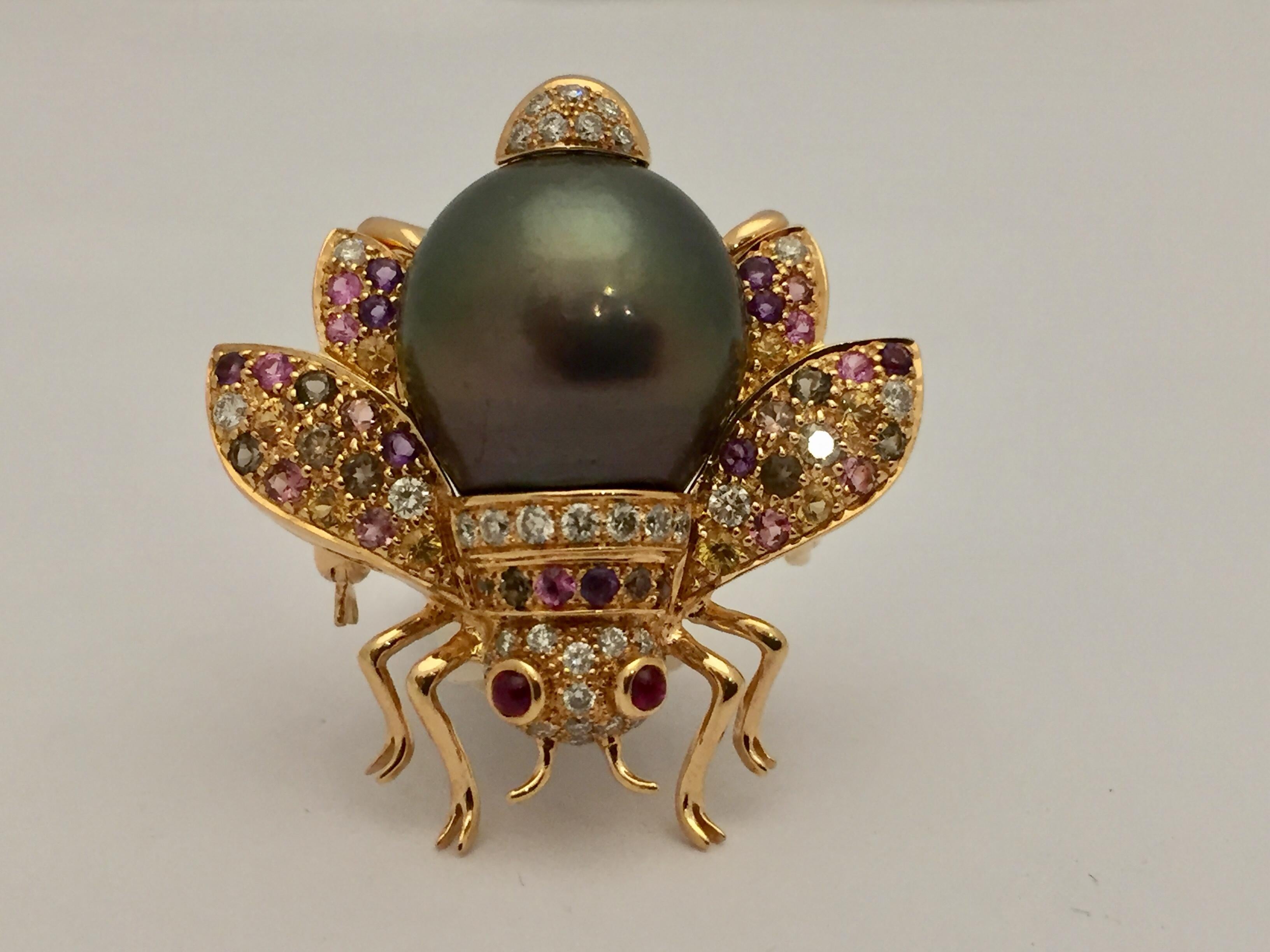 Contemporary Tahitian Pearl Ruby Diamond and Fancy Sapphire Bee Brooch