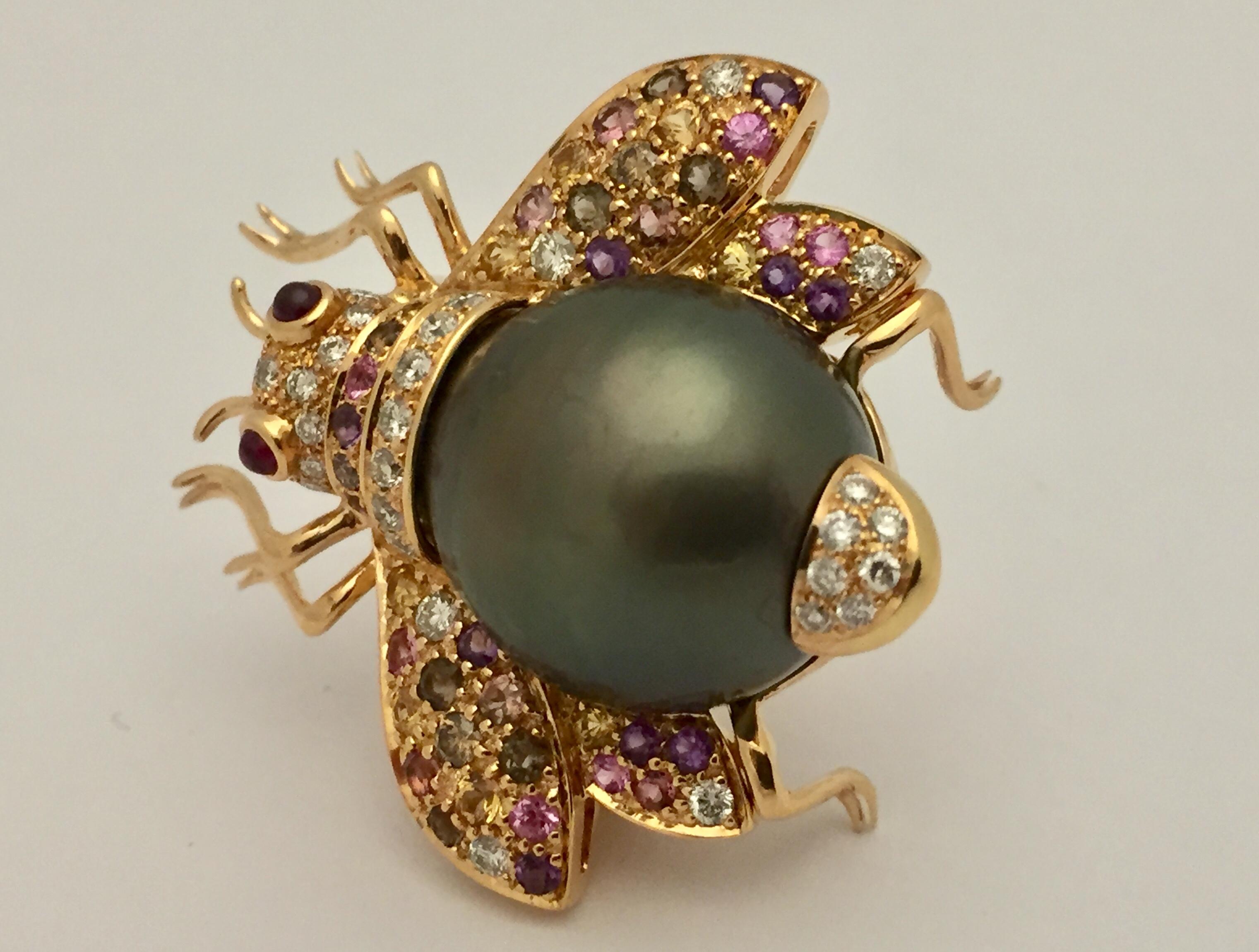 Round Cut Tahitian Pearl Ruby Diamond and Fancy Sapphire Bee Brooch