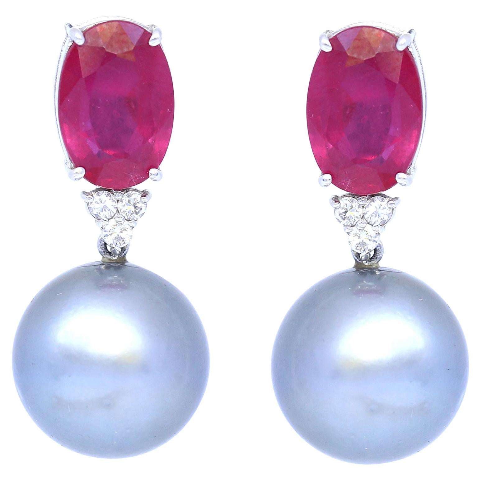 Tahitian Pearl Ruby Diamonds Drop Earrings White Gold