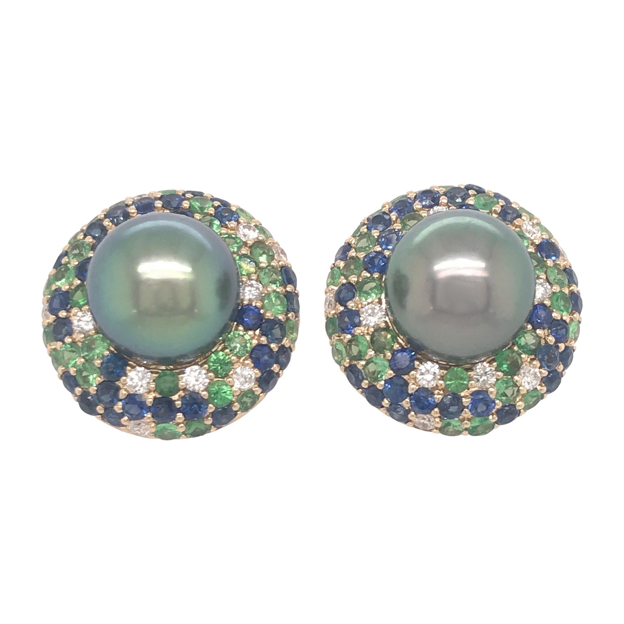 Tahiti-Perlen-Saphir- und Diamant-Ohrringe 3,87 Karat 18 Karat