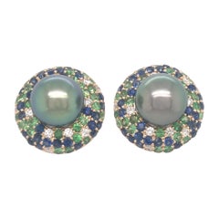 Tahiti-Perlen-Saphir- und Diamant-Ohrringe 3,87 Karat 18 Karat