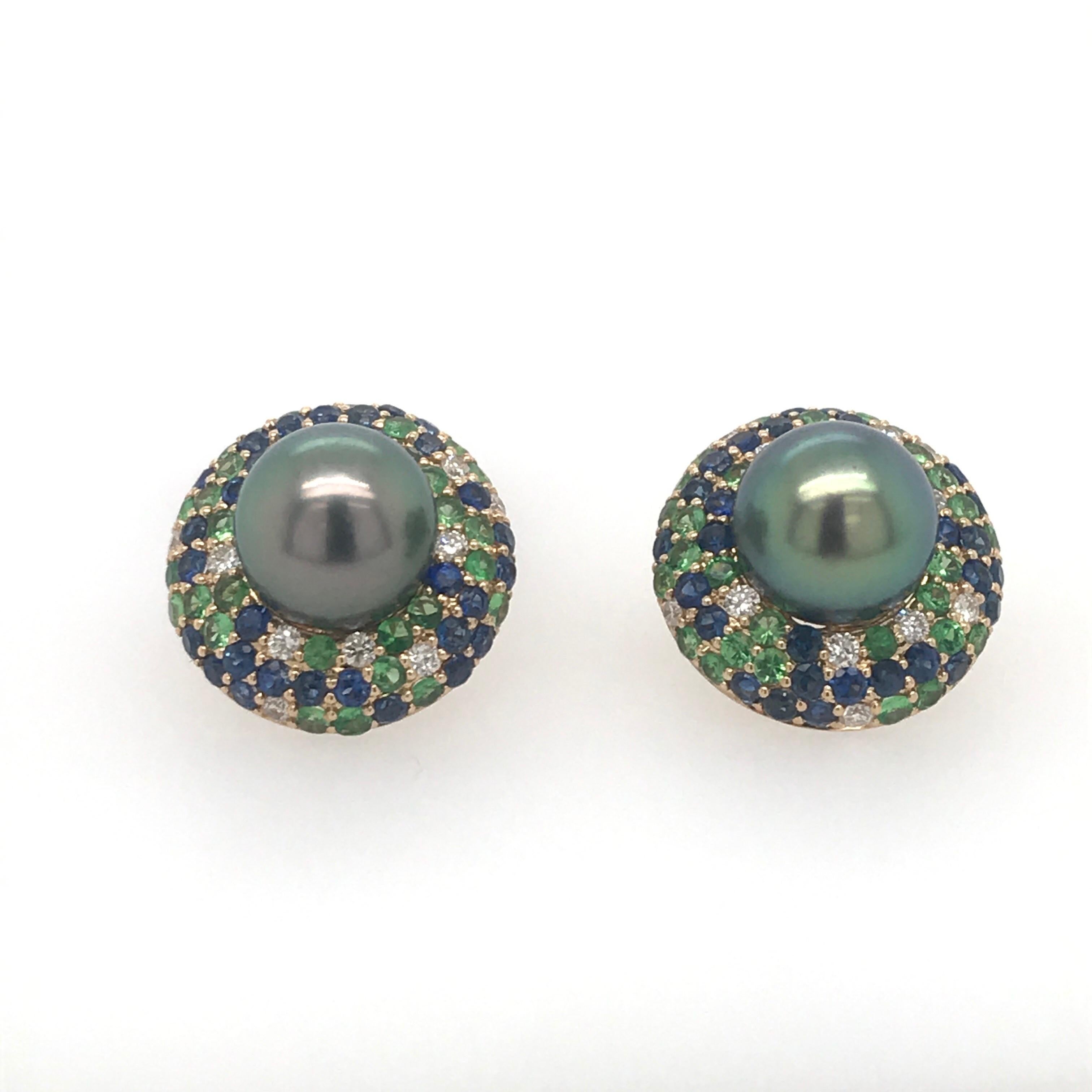 Contemporary Tahitian Pearl Sapphire and Diamond Earrings 3.87 Carats 18 Karat For Sale