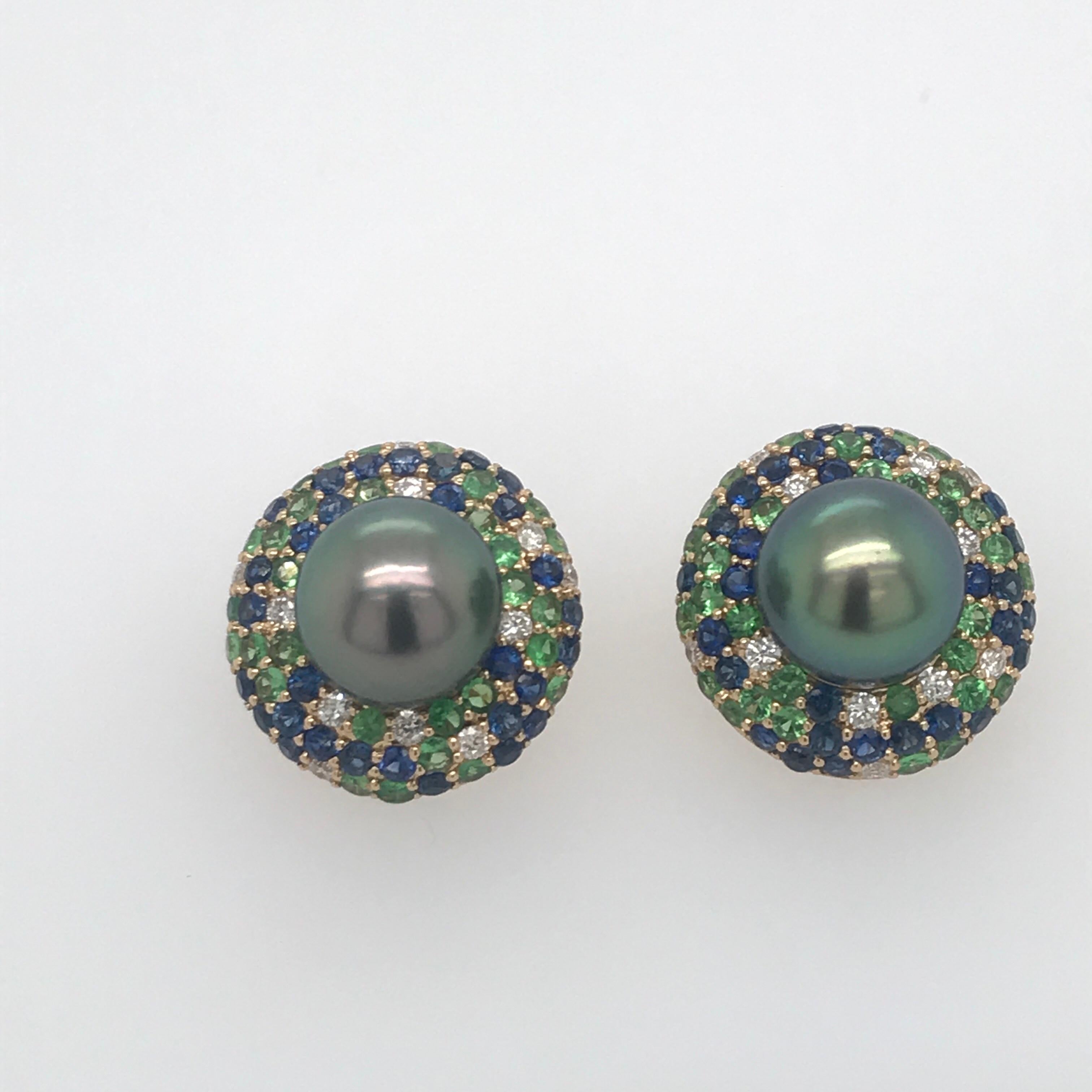Women's Tahitian Pearl Sapphire and Diamond Earrings 3.87 Carats 18 Karat For Sale