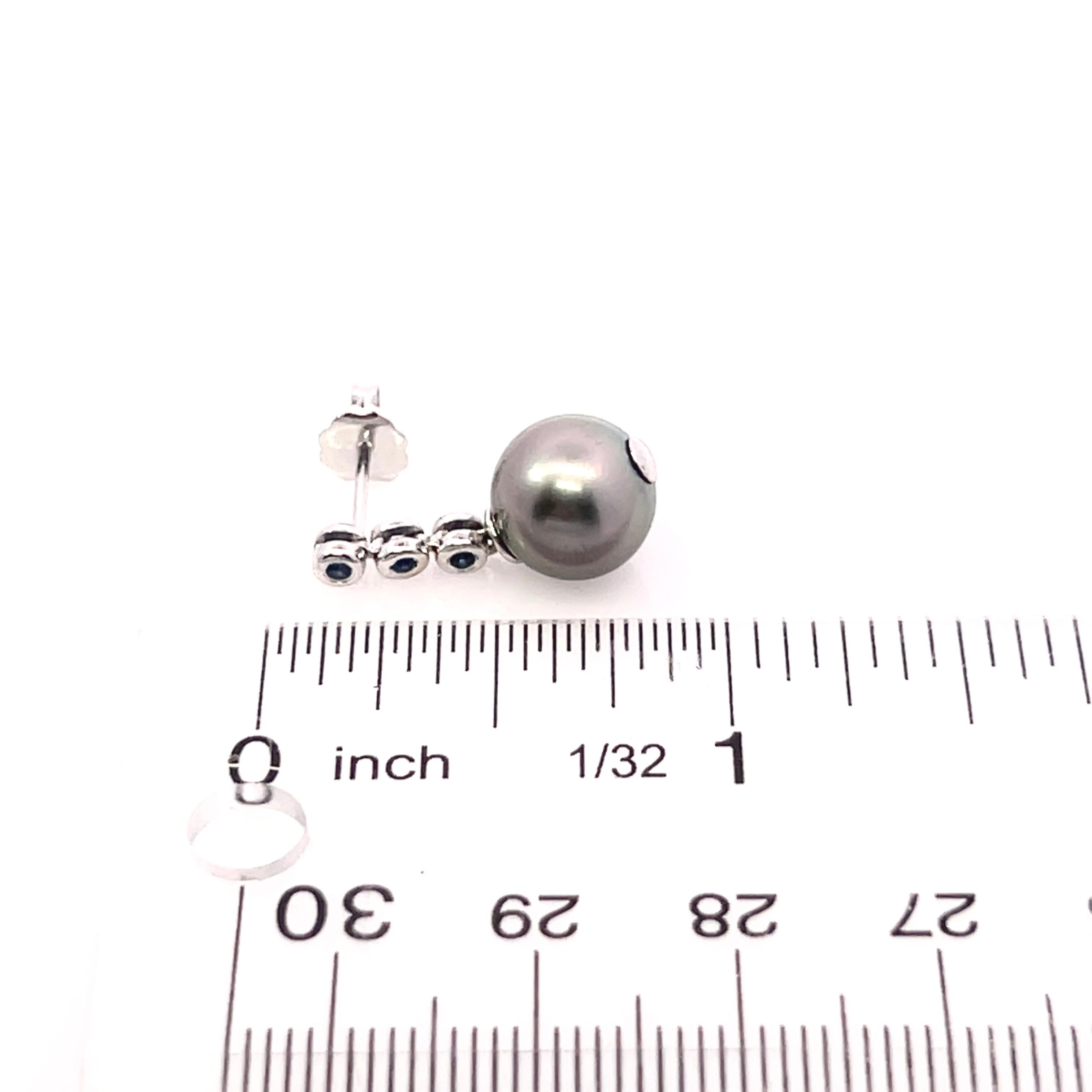 Tahitian Pearl & Sapphire Earrings 14k Gold 9.46 mm Certified For Sale 5