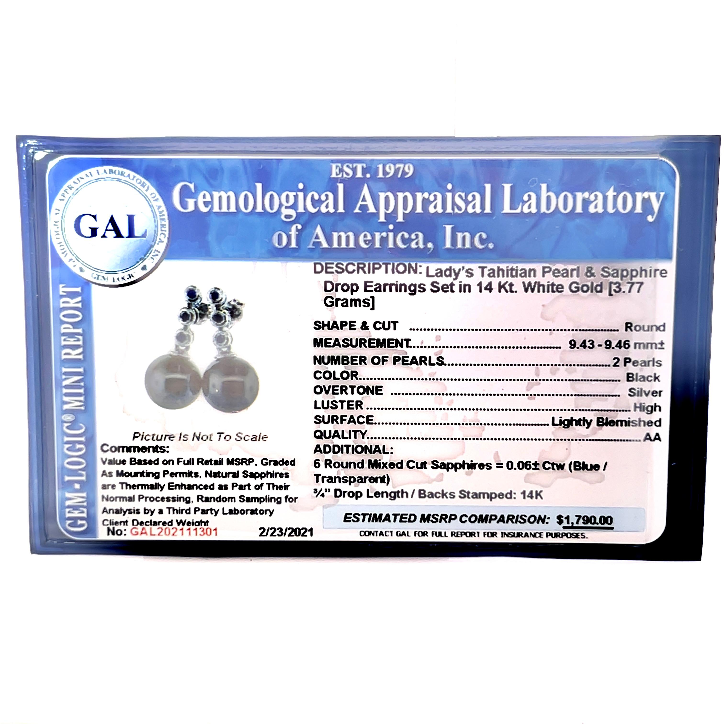 Tahitian Pearl & Sapphire Earrings 14k Gold 9.46 mm Certified For Sale 6