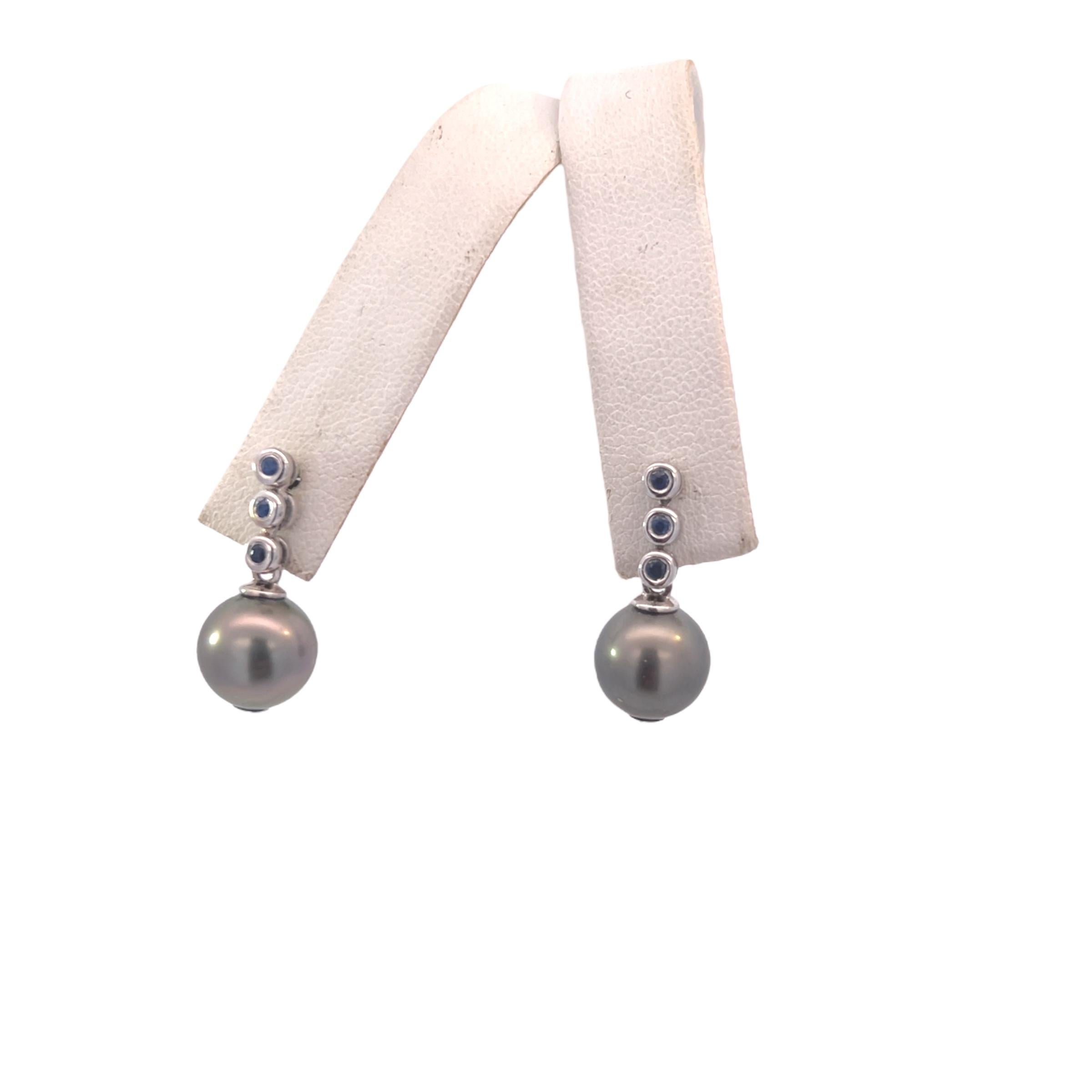 Round Cut Tahitian Pearl & Sapphire Earrings 14k Gold 9.46 mm Certified For Sale